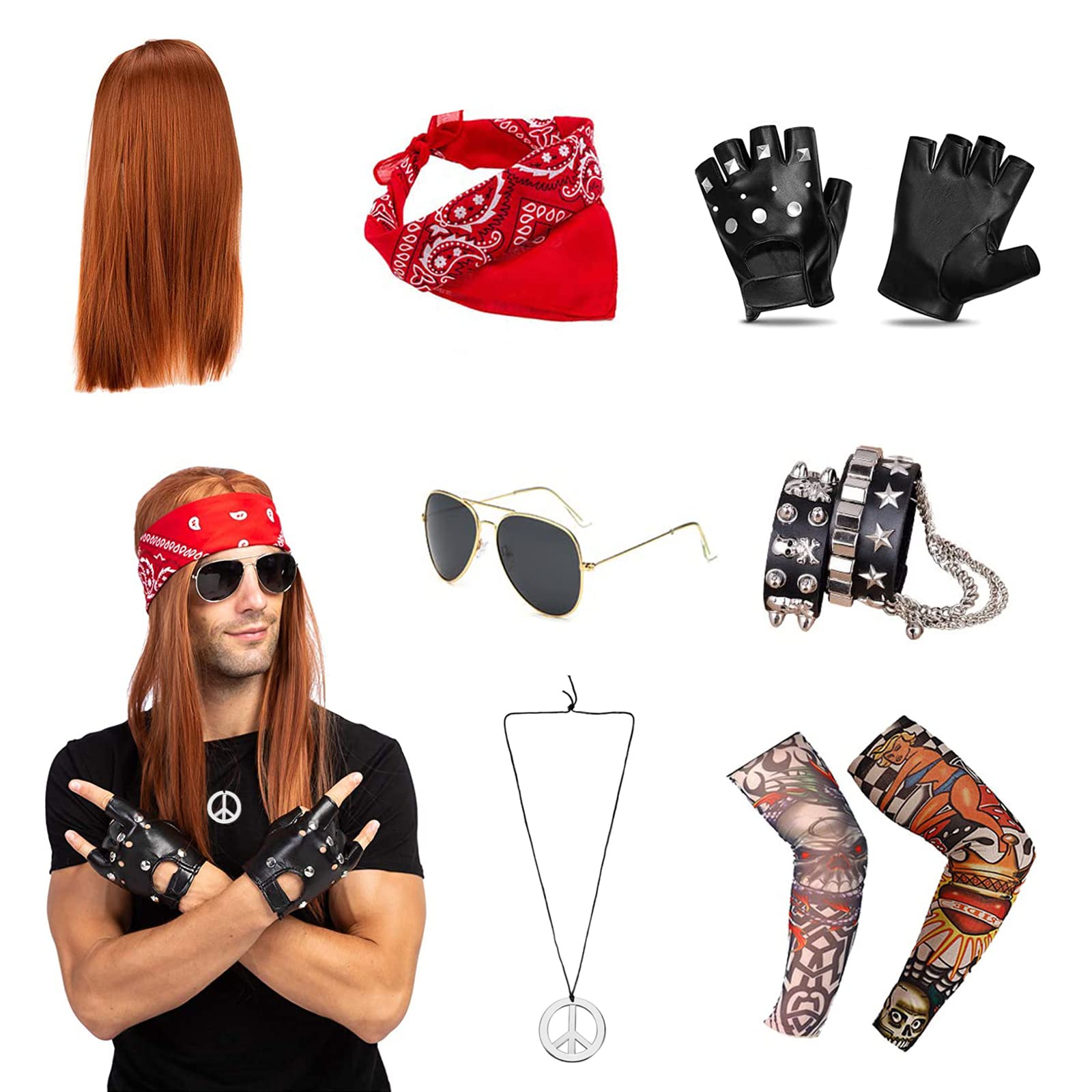 Sasifeni 80s Fancy Dress Men, 7 PCS Rock Star Costume Set, Peace & Love Necklace Sunglasses Punk Gloves Bracelet Wig 80s Accessories Women Rockstar Fancy Dress for Adults Unisex Costumes