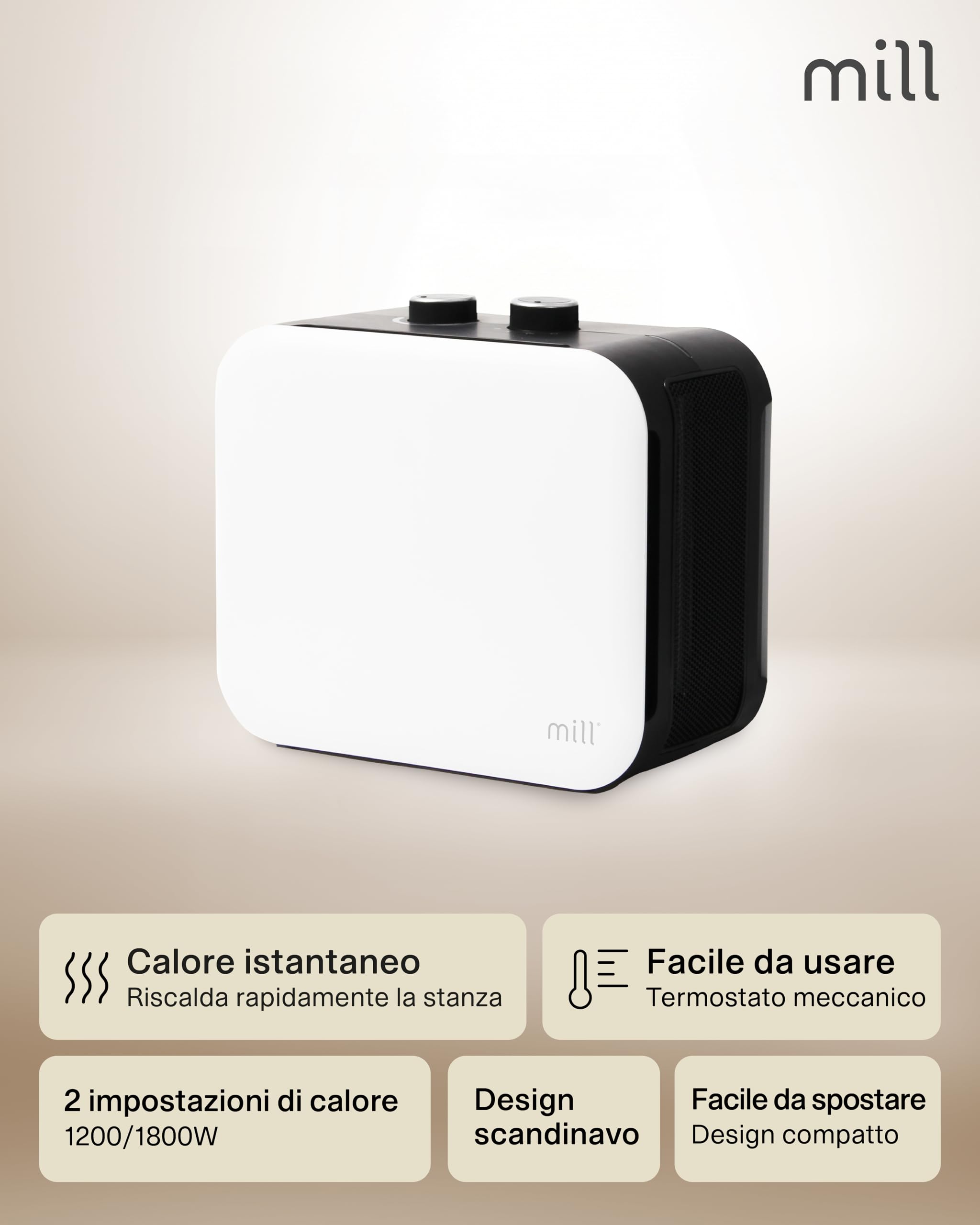 Mill Termoventilatore Portatile Compact 1800W, Stufa Elettrica in Ceramica PTC per 5–30 m², MEC, Riscaldamento Rapido, Silenzioso, Bianco, Design Norvegese