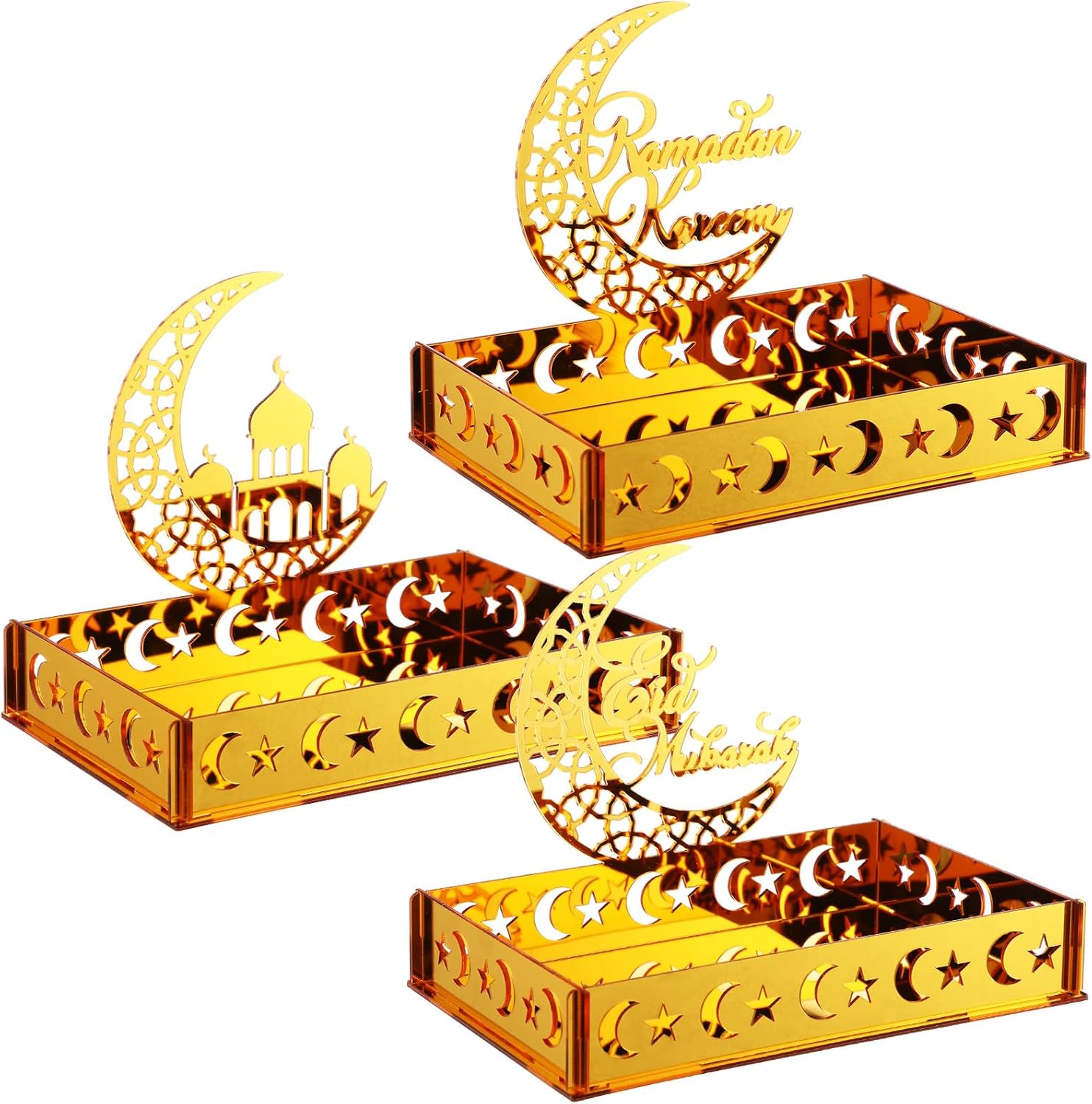 3 Sets Ramadan Serving Trays Gold Eid Mubarak Ramadan Decorations for Home Moon Star Tray Ramadan Container Ramadan Trays for Party Tray Tableware Dessert Food Storage