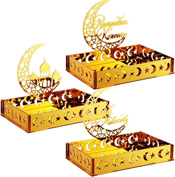DoubleFill 3 Sets Ramadan Serving Tray Gold Eid Mubarak Holder Al-fitr Home Decoration for Moon Star Tray Gold Container for Home Islamic Muslim Party Tableware Kitchen Dessert Food StorageNovetly