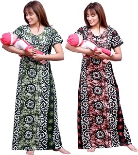 Ankona Feeding Nighty in Pure Cotton with 3 zips First Zip on Neck for Comfortable Wearing & Other 2 zips on Front for Fee... Price In India