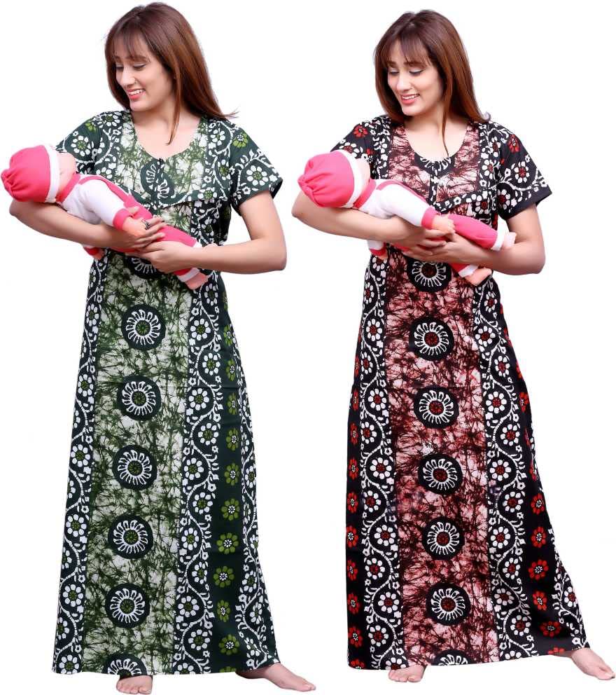 Image of Feeding Nighty in Fine Cotton 2 Side Zips for Feeding Purpose & Neck Buttons for Easy Wearing Soft Cotton Maternity Nighty for Women Feeding Combo Feeding Nighty for Women Cotton Combo of 2Pcs