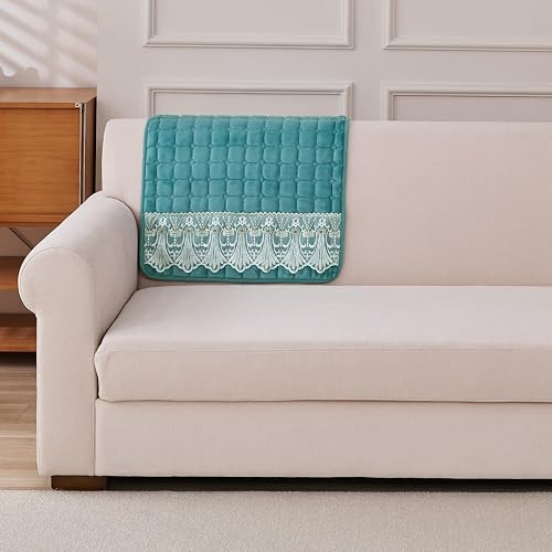 HOKIPO 'BelleLace Series' Imperial Milk Velvet Sofa Backrest Mat Cover with Lace | Anti-Slip | 1 Pc - Teal (AR-6311-TEAL)
