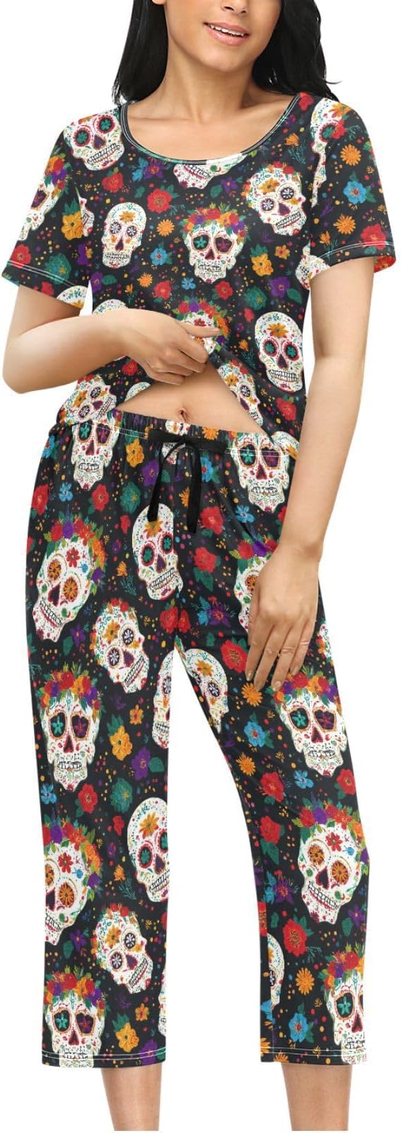 Women's Comfy Chic 2 Pcs Loungewear Set,Casual Sleepwear Short Sleeve Tops & Capri Pants PJs Set with Pockets S-XXL