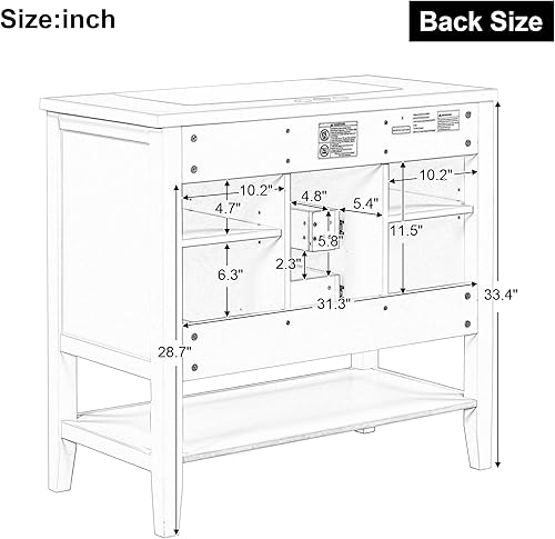 Miniatura 5 de LUMISOL Tocador de baño de 36 pulgadas con fregadero de cerámica, armario de baño con dos armarios y cajones, tocador de baño de madera maciza con