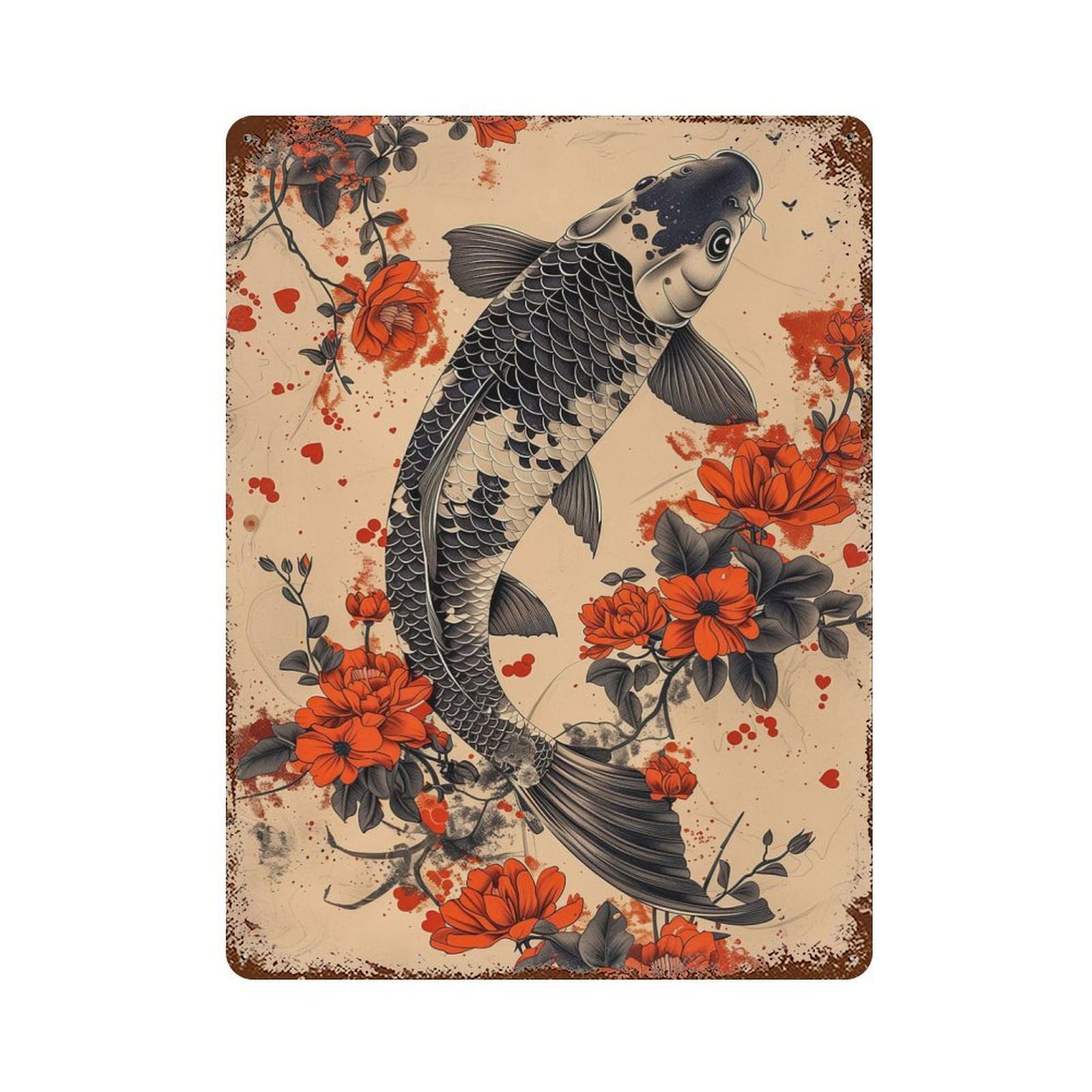 Rust Effect Ink Art Koi Fish Vintage Rust Metal Sign 15.7"x11.8", Rustic Home Decor for Farmhouse, Kitchen And Entryway Decor