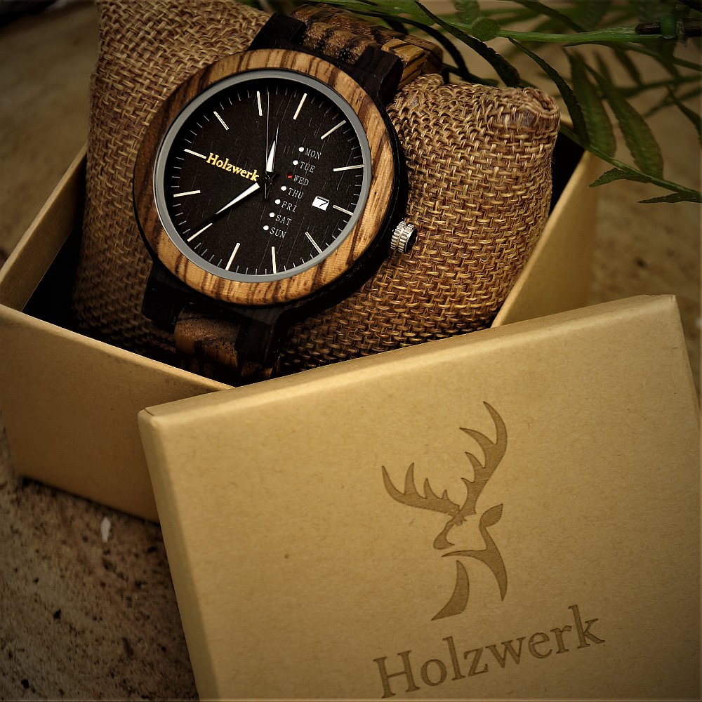 Holzwerk Germany Handgefertigte Matrix Herren Uhr Öko Natur Holzuhr Holz Armband Braun Schwarz Zebra Muster Analog Uhr Datum und Wochentag Anzeige Herrenuhr