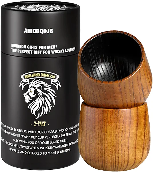AHIDBQOJB Wooden Bourbon Drinking Glass - Charred Wooden Whiskey Cup - Whiskey Glass for Men - Bourbon Gifts for Men Who Have Everything - Birthday Gifts for Dad Husband Boyfriend or Brother (2 Pack)