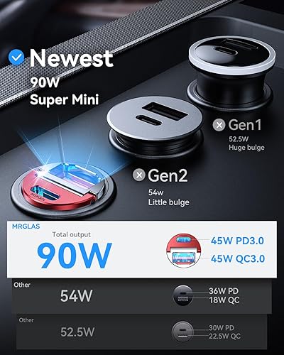 Miniatura 9 de 90W USB-C Car ChargerSuper Mini Metal USB C Car Charger Fast Charging Adapter PDQC30 Dual Port MRGLAS Type C Car Cigarette Lighter USB Charger