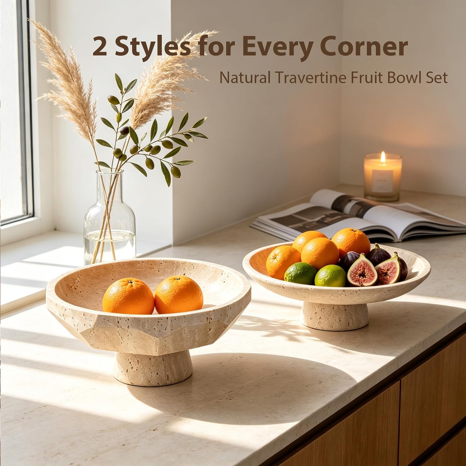Natural Travertine Fruit Bowl with Pedestal, 10-Inch Stone Decorative bowl