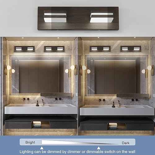 Miniatura 3 de SineRise Moderna lámpara LED para tocador de baño (2 luces, 15.5 pulgadas, regulable), madera marrón, pintada de acrílico, moderna lámpara de pared