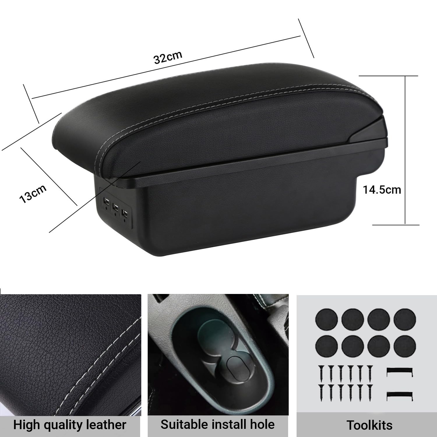 YJYWZH Accoudoir Central pour Peugeot 207 207CC 2006-2015 avec 3 ports USB | 2 USB+1 USB-C,Double rangement,Accoudoir pour console centrale,Dessus coulissant,Cuir PU,Noir avec coutures rouges