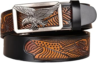 Belt Men Ratchet, Western Cowboy Belts for Men, Genuine Leather Embossed Belt with Eagle Alloy Square Buckle