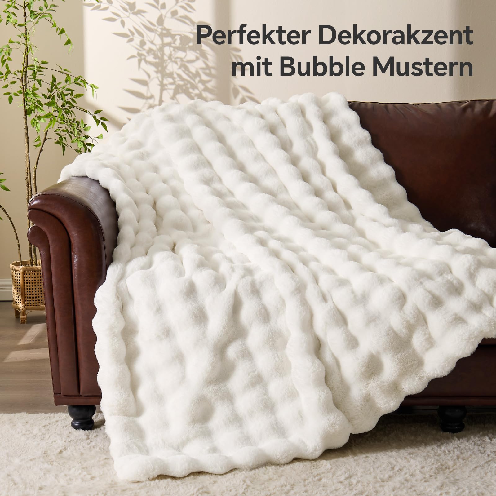 BEDELITE Bubble Fellimitat Kuscheldecke Flauschig Decke 150x200, Cremeweiß