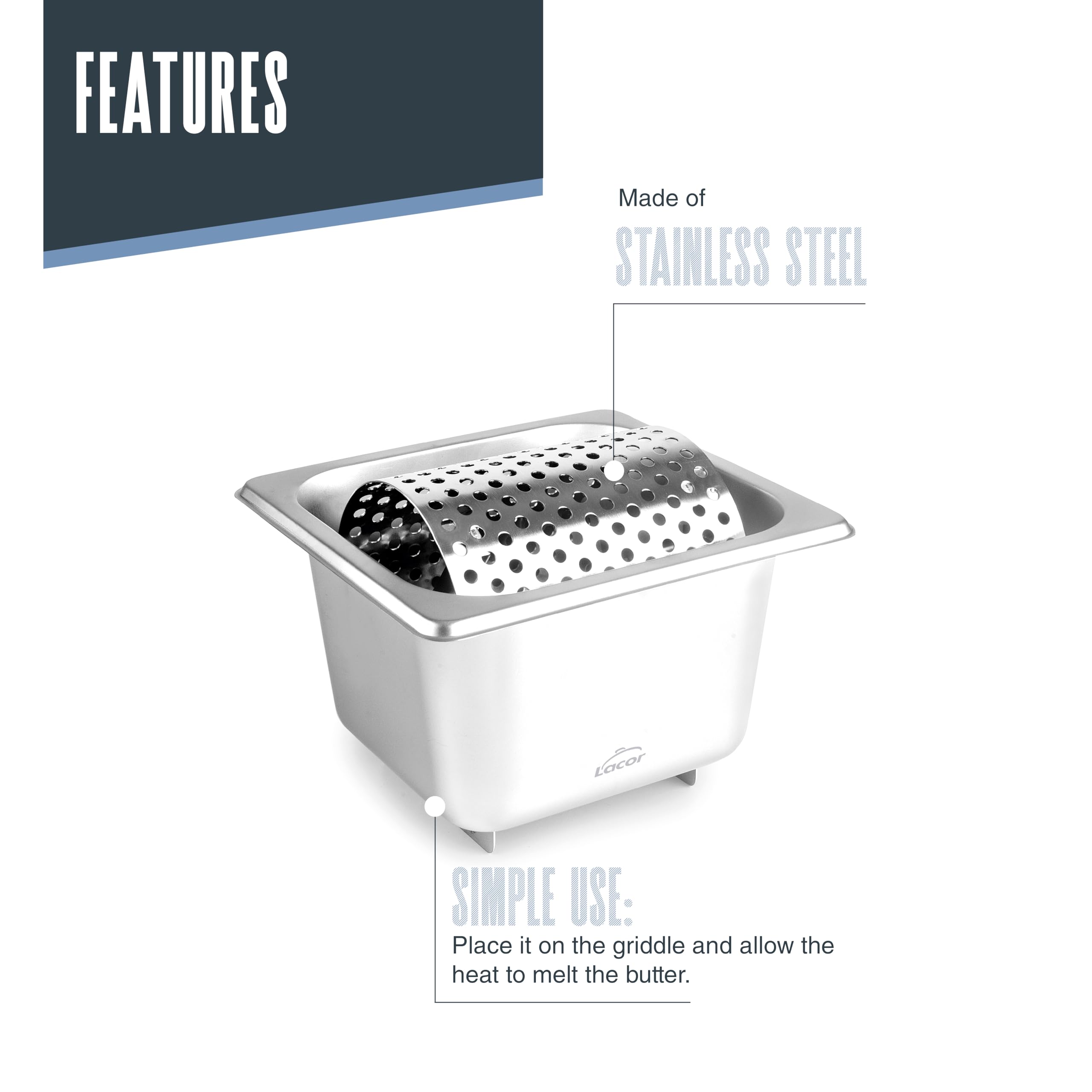 Lacor - 66001 - Rullo per Burro, Acciaio Inox, Secchio GN 1/6 da 1,6 Litri, Ruota Rimovibile, Design Ergonomico, Ideale da Spalmare su Pane o Hamburger