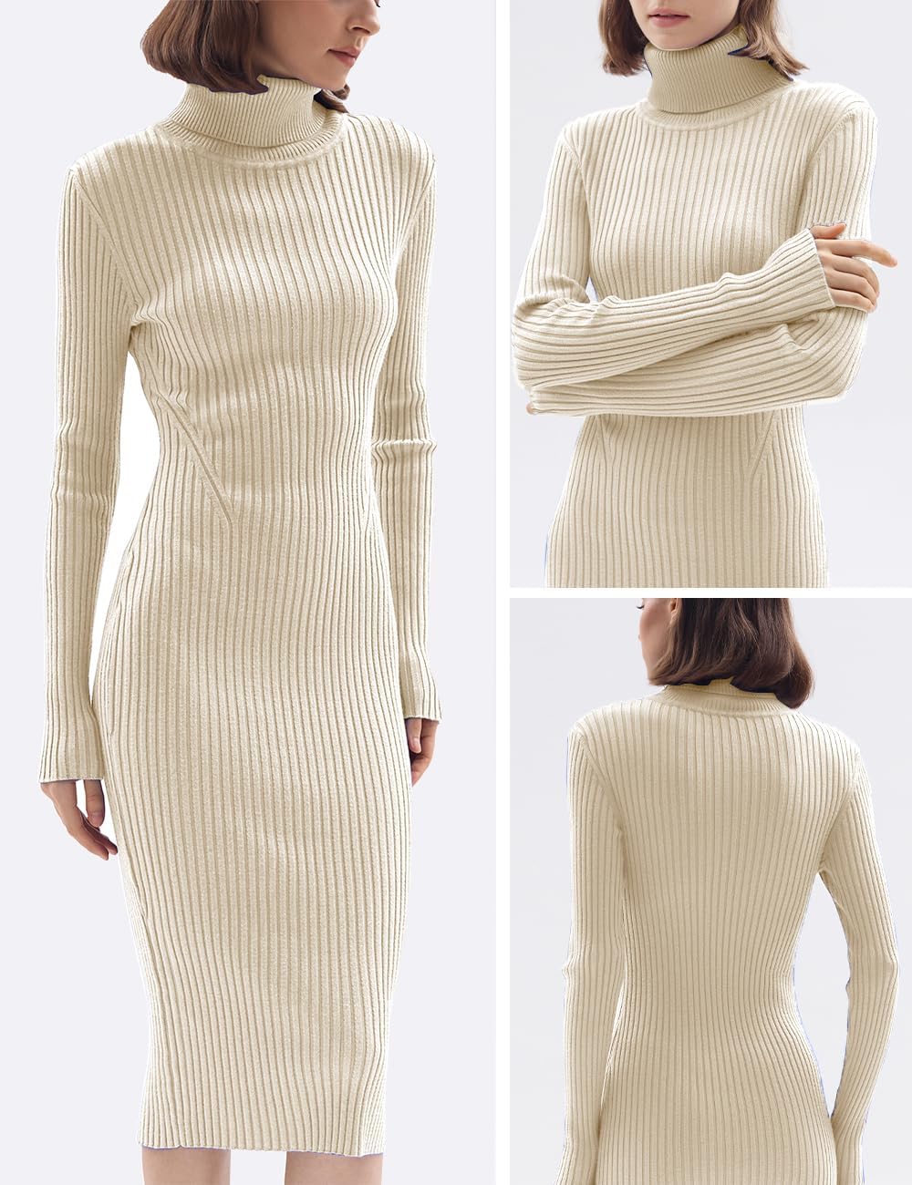 v28 Women Stretchable Knitted Long Sleeve Slim Fitted Ribbed Soft Sweater Dress - Image 5