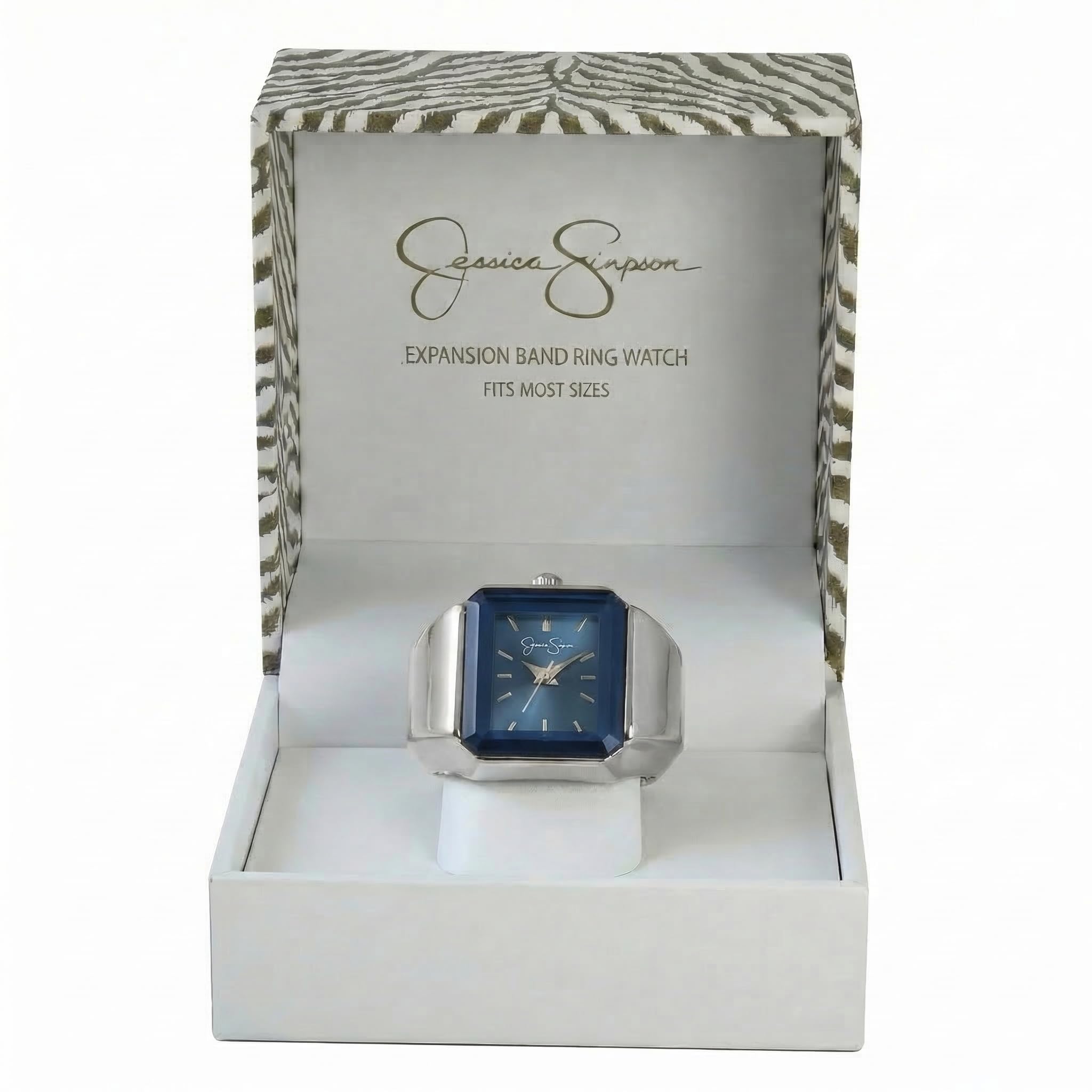 Jessica Simpson Damen-Armbanduhr, rechteckiges Sonnenstrahl-Zifferblatt, Kristall-Akzente, Stretch-Erweiterungsband, Quarz, analog, Modeaccessoire, silber/blue, Modern