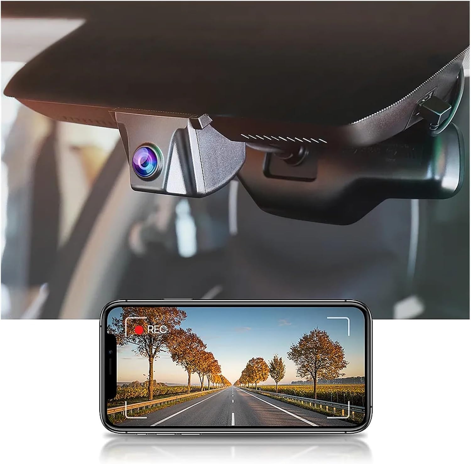 Dash cam installed in a car, with a smartphone displaying a live view of the road ahead.