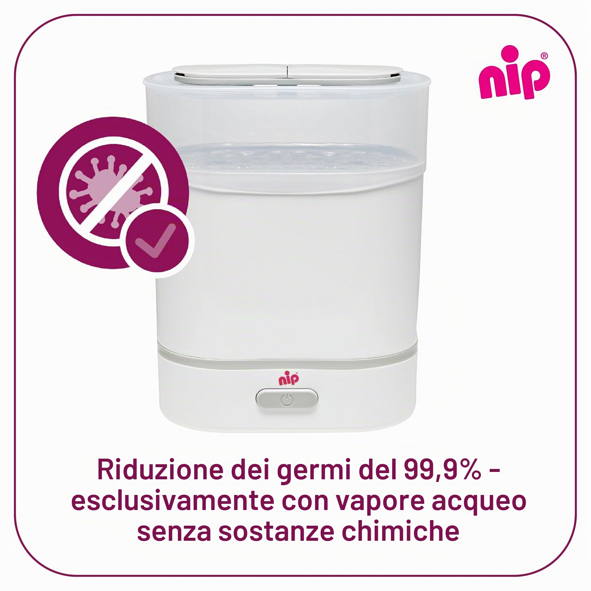 NIP Biberon sterilizzatore: vaporizzatore per fino a 6 bottiglie, ciuccio + accessori, sterilizzazione a vapore veloce e sicura in soli 9 minuti, con spegnimento automatico, bianco