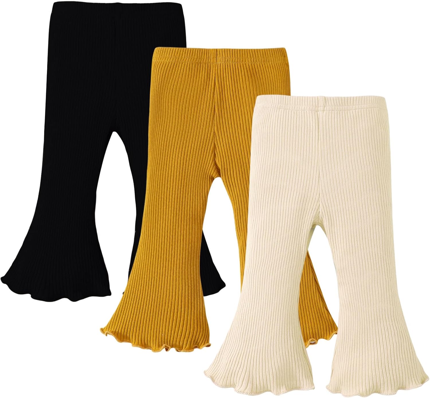 SOBOWO ベビーガールフレアパンツ 3パック 幼児 無地 リブ フリル ベルボトムパンツ パンツ 秋服