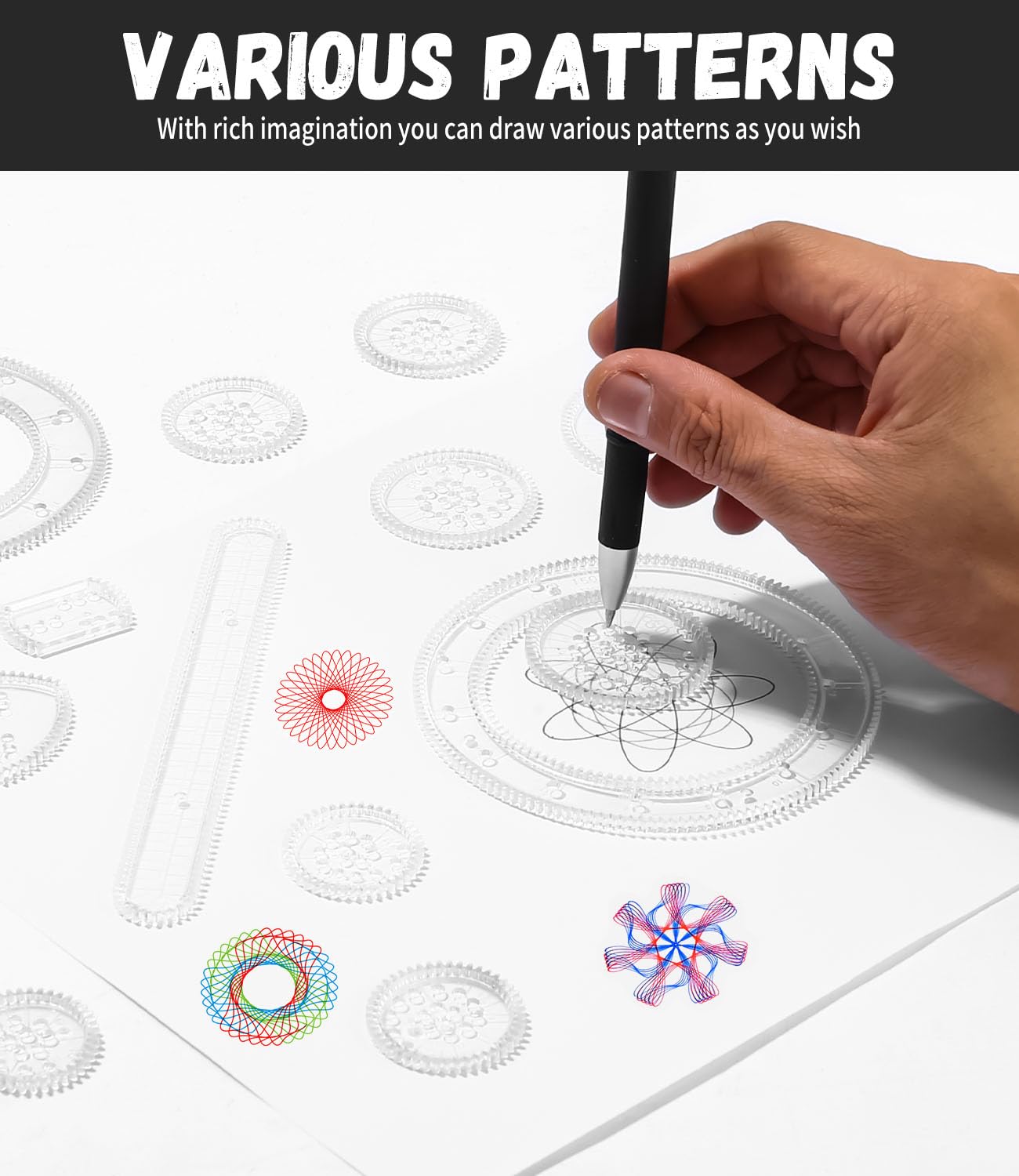 LEAZZLE Spirograph, Juego de Espiral, 28 Piezas Juego de Regla de Dibujo de Engranajes, Espirografo Niñosa, Juego Creativo de Mandalas,Spirograph Deluxe Set, Juegos para Pintar Niños y Adultos