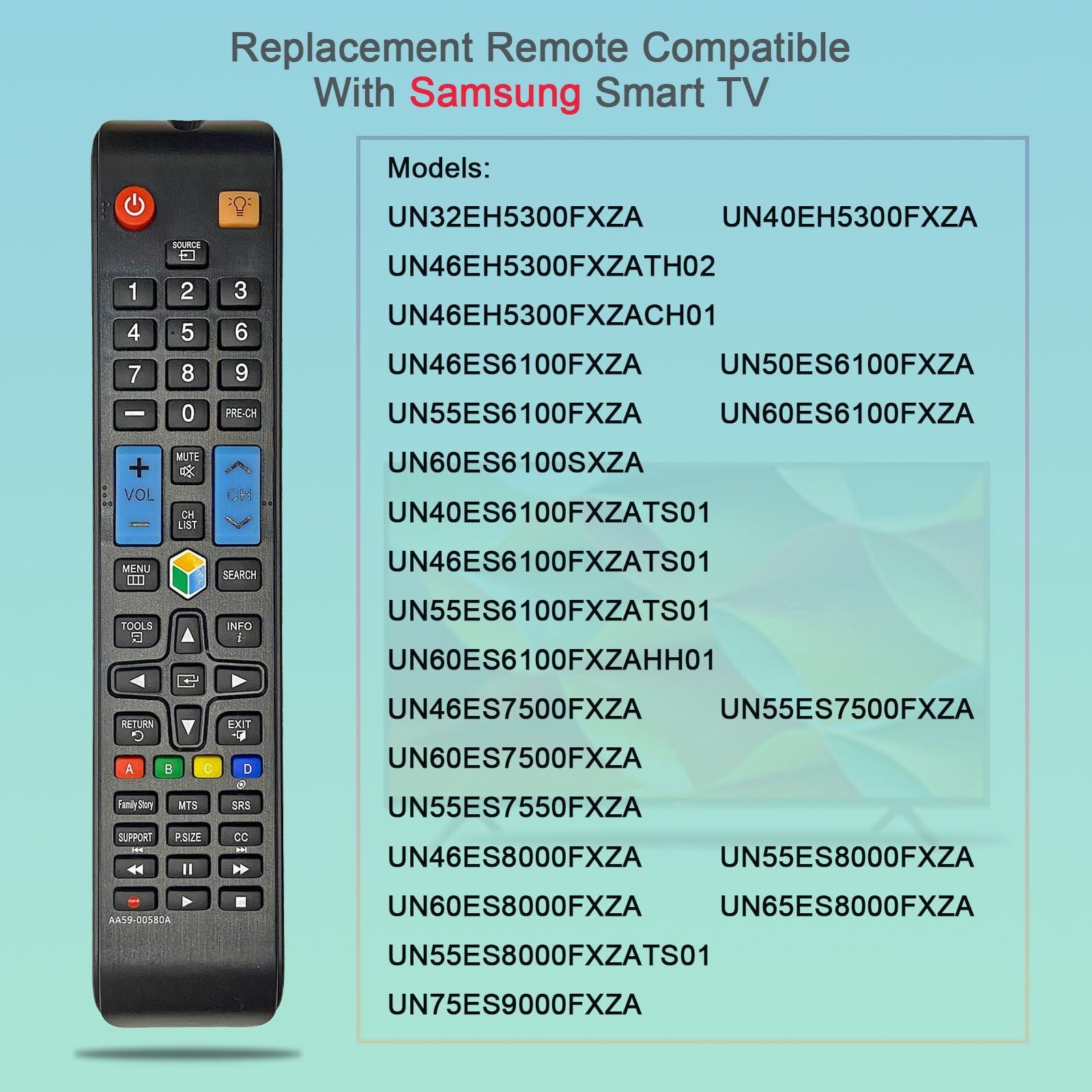 AA59-00580A Zamienny pilot kompatybilny z Samsung TV UN32EH5300FXZA UN40ES6100FXZATS01 UN46ES6100FXZATS01 UN55ES6100FXZATS01 UN60ES6100FXZA UN60ES6100FXZAHH001 UN32 EH5300F UN40EH5300F
