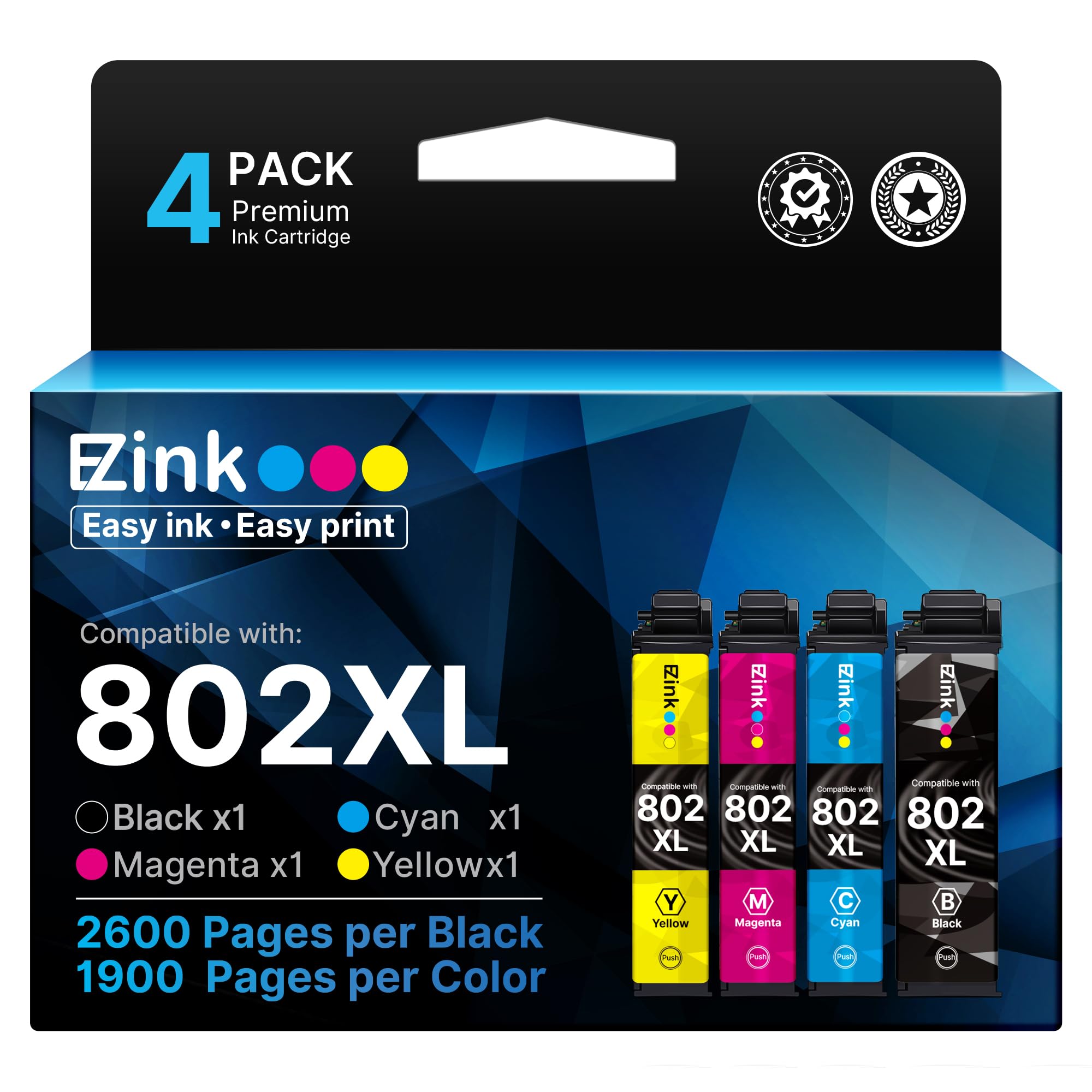 E-Z Ink Remanufactured Ink Cartridge Replacement for Epson 802XL 802 T802XL T802 to use with Workforce Pro WF-4740 WF-4730 WF-4720 WF-4734 EC-4020 EC-4030 (Black Cyan Magenta Yellow, 4 Pack)