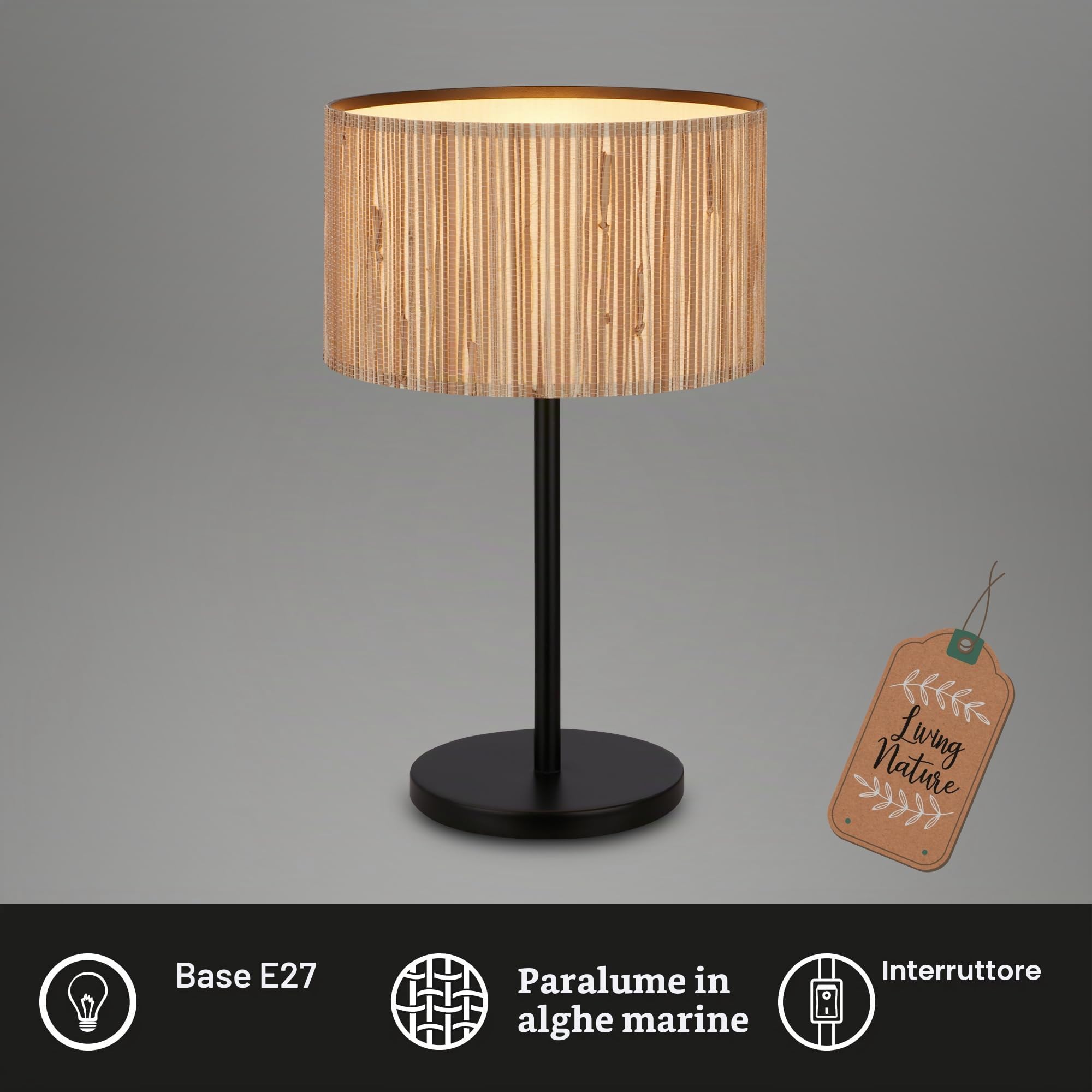 Briloner Lampada da tavolo con paralume in seagrass, interruttore a cavo, E27, max. 10W, 25x41,5 cm, natura
