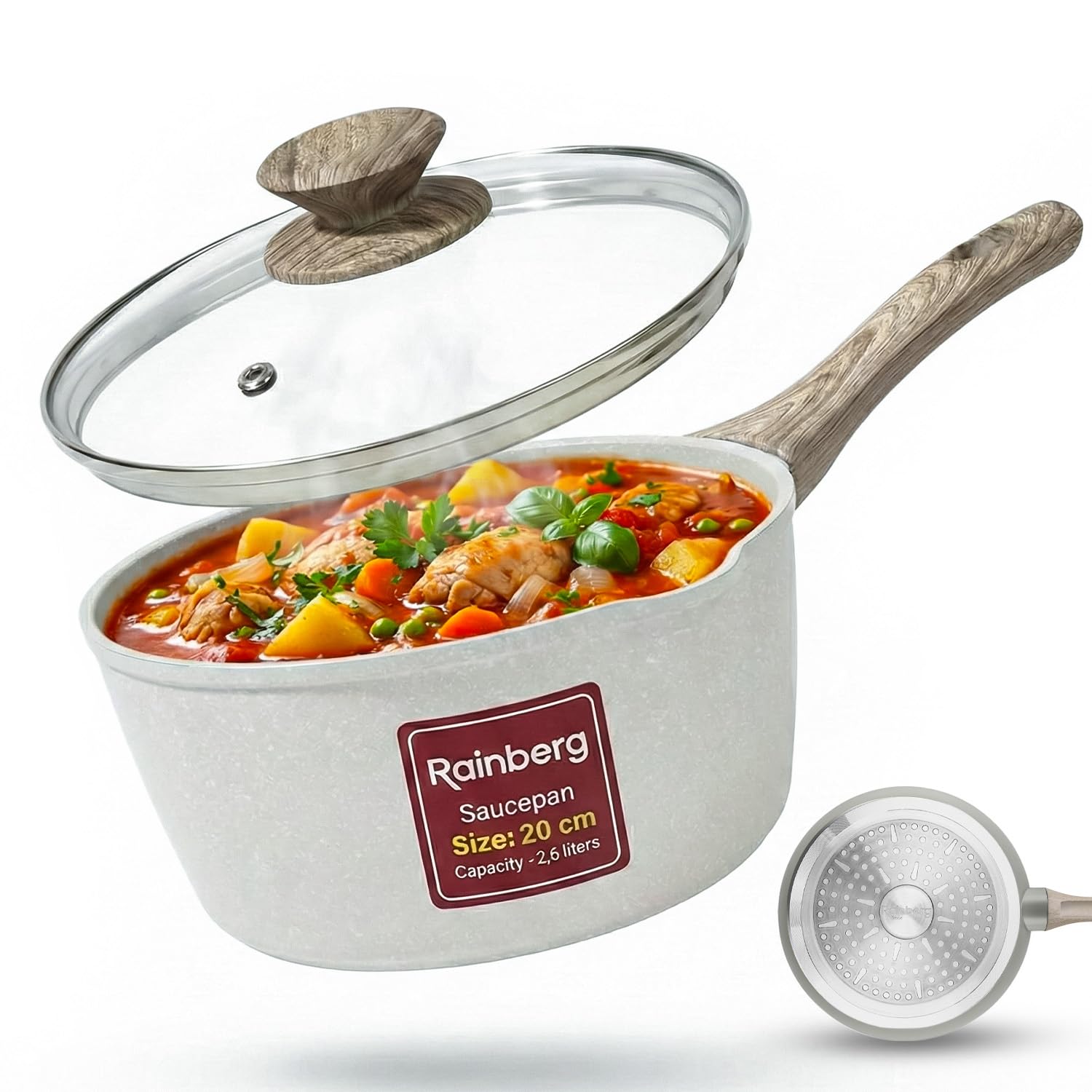 Rainberg Saucepan with Lid, Nonstick Milk Pan Suitable with Induction, Gas and Electric Hobs, Cooking Pot with Pour Spout. (Beige, 20cm)