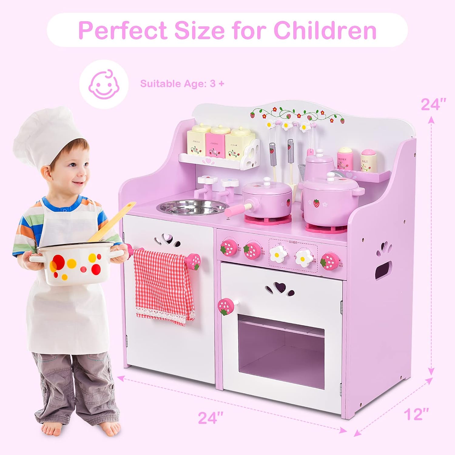 Costzon Kids Kitchen Playset, Wooden Cookware Pretend Cooking Food Set Toddler Gift Toy (24.4" Height, Pink) : Toys & Games