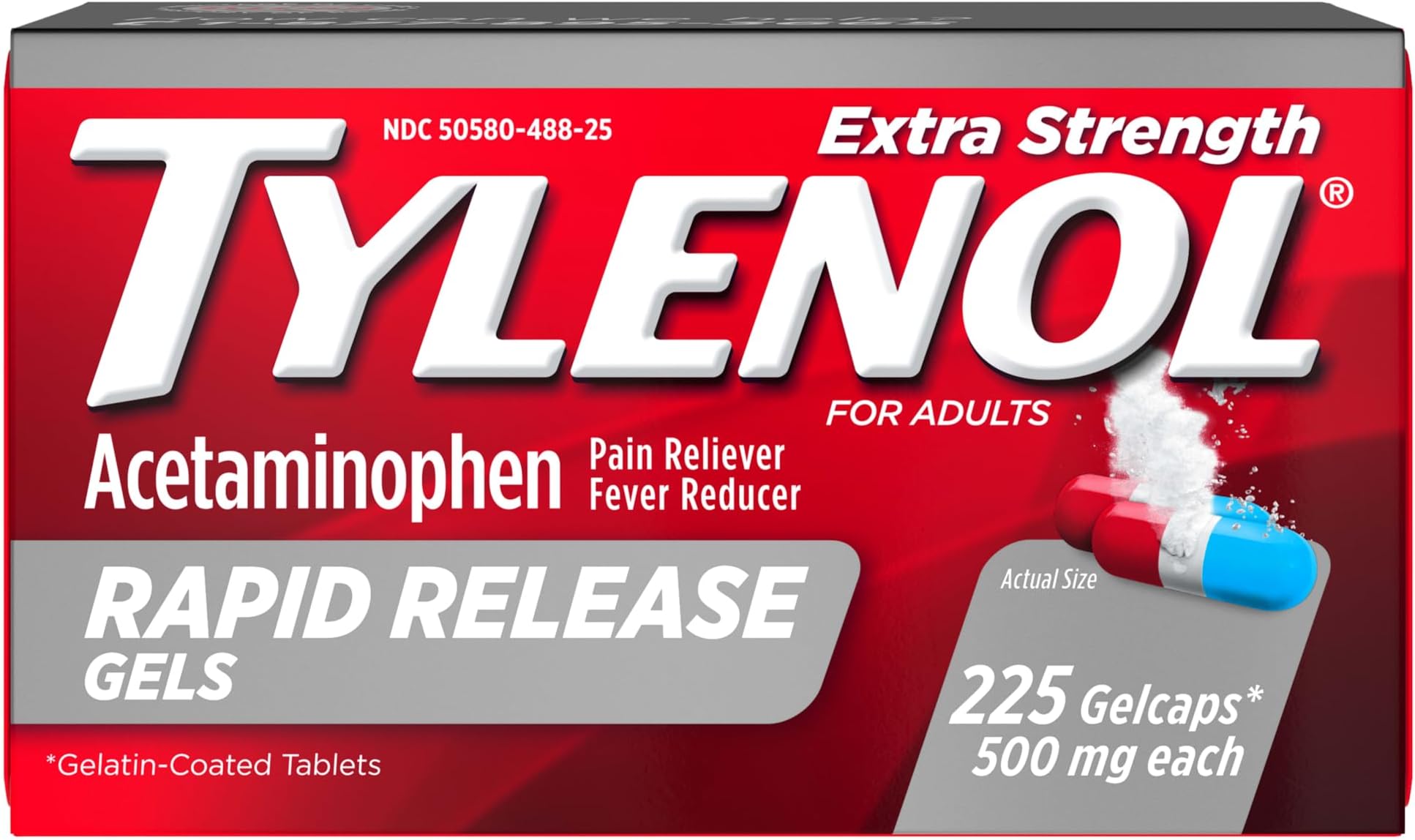 Tylenol Rapid Release Extra Strength Gelcaps, Acetaminophen 500 mg per Gel, Laser Drilled Holes Allow Fast, Strong Pain Relief, Fever Reducer, Gentle on Stomach, 225 Count Value Size