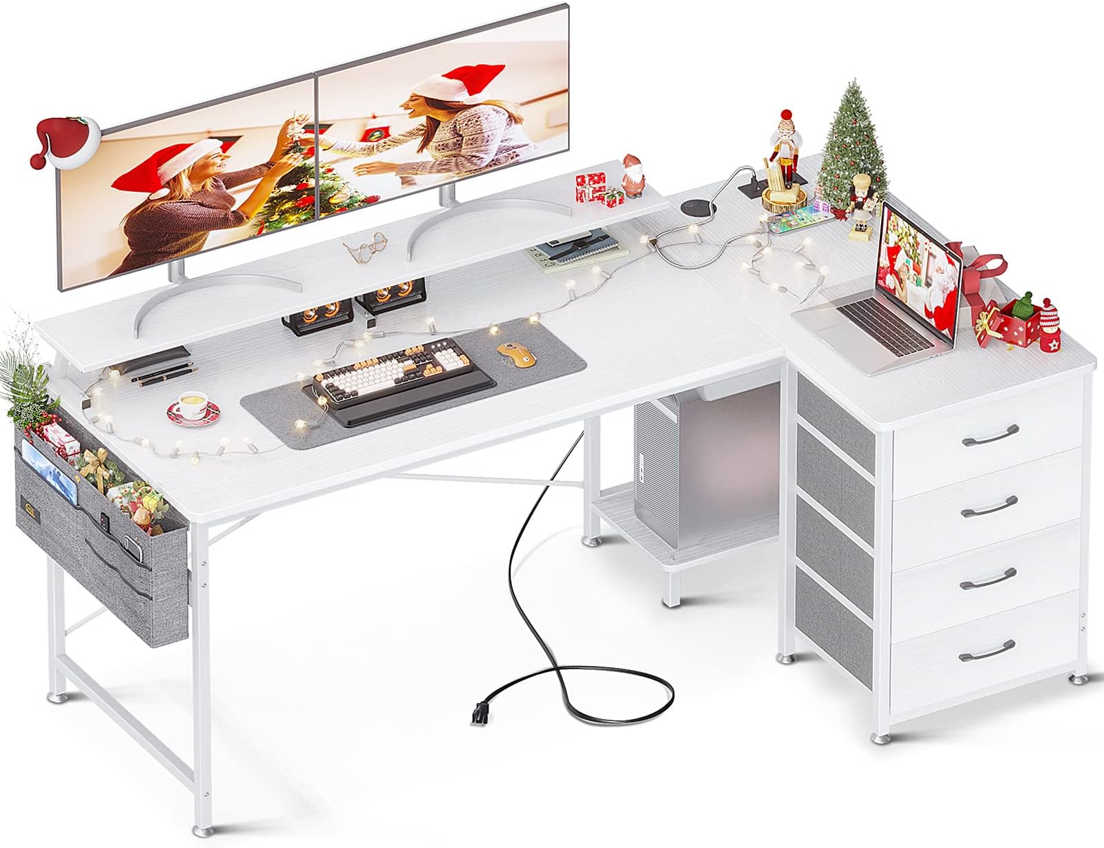 Amazon.com: LVB White L Shaped Corner Desk with Drawers, Reversible ...