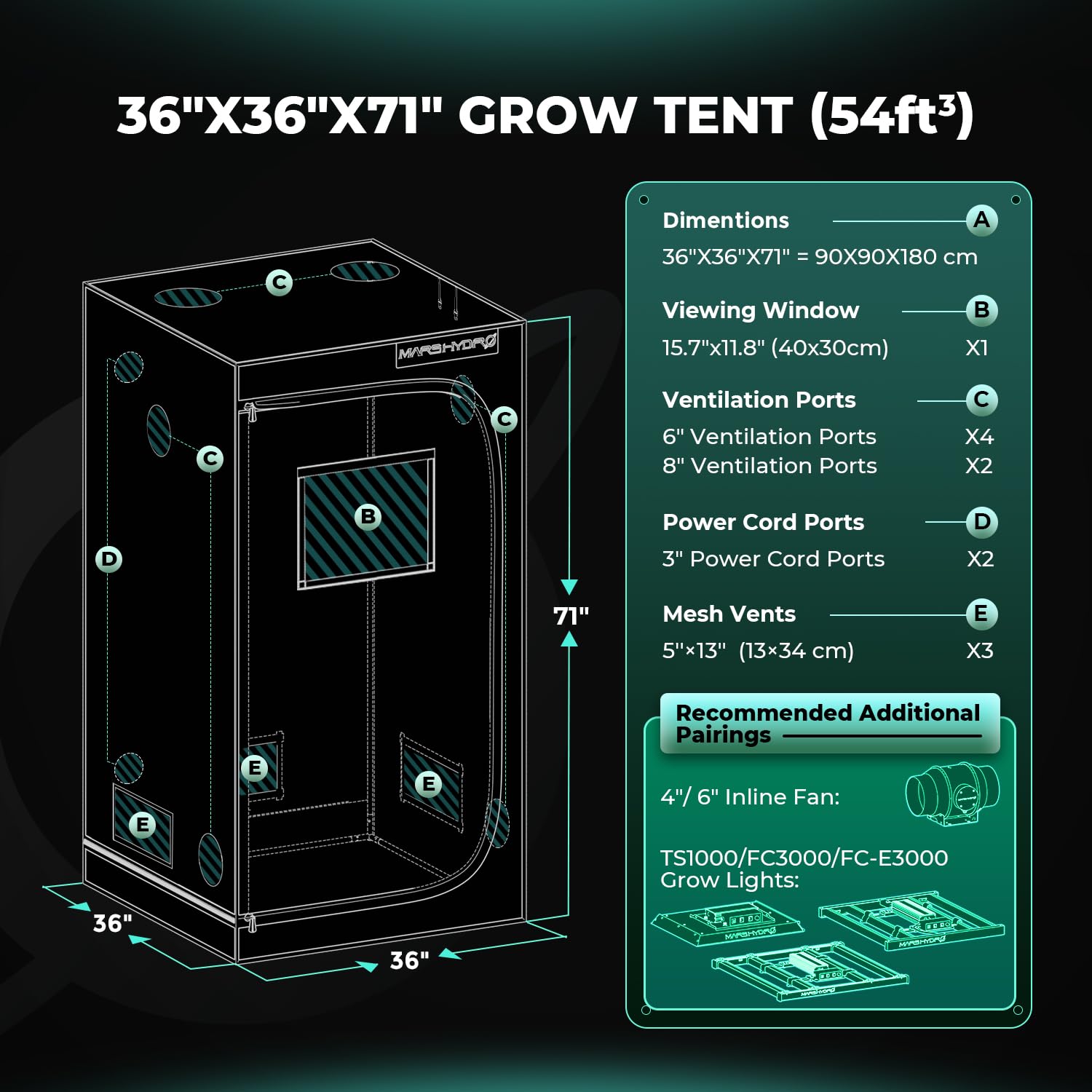 MARS HYDRO Tienda de campaña de cultivo de 3 x 3, 36 x 36 x 71 pulgadas, reflectante, MylarGrow con bandeja extraíble para piso y ventana de visión para sala de cultivo de plantas de interior