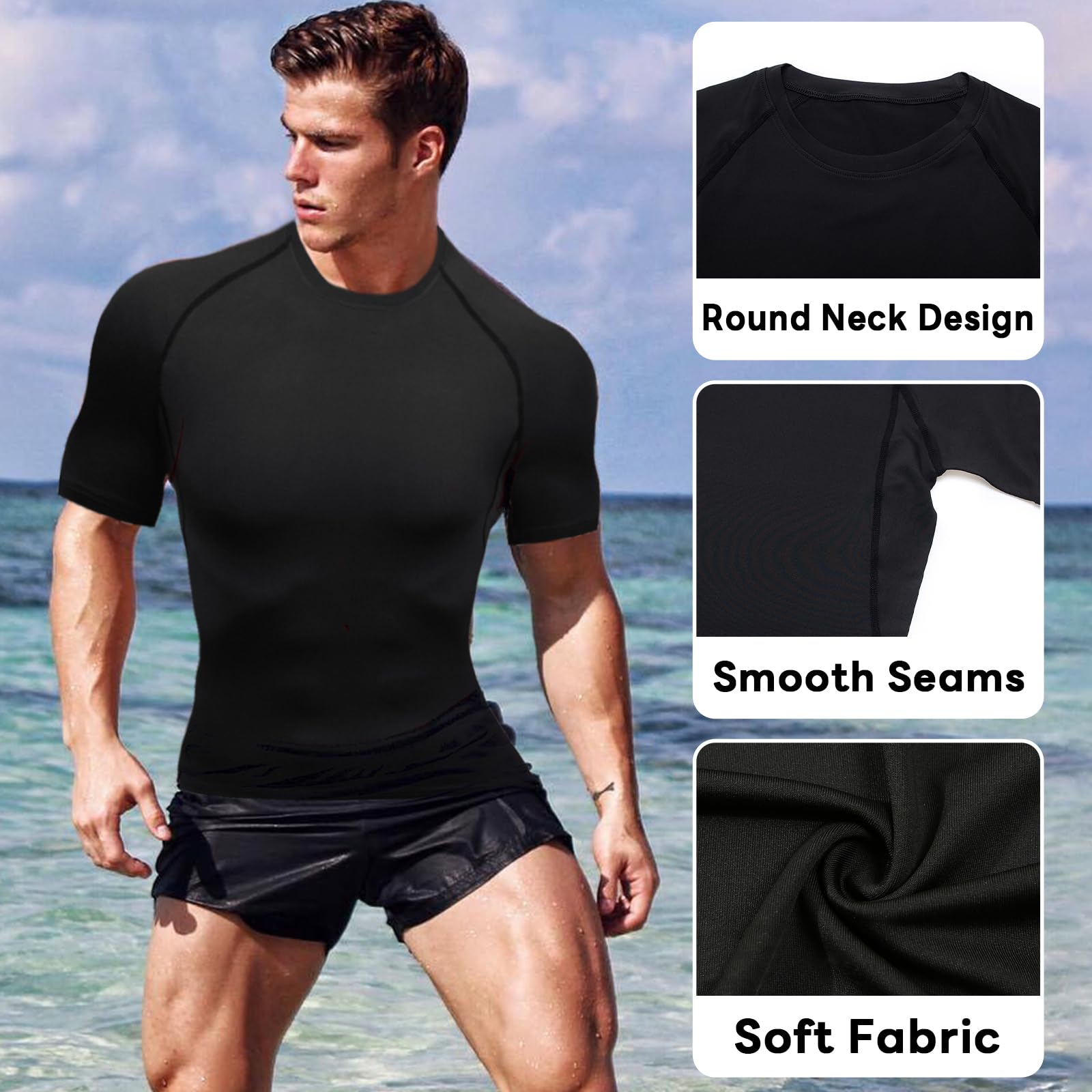 T-shirt de compression pour homme, col rond, manches courtes, couche de base athlétique, haut athlétique pour entraînement sportif, rashguard
