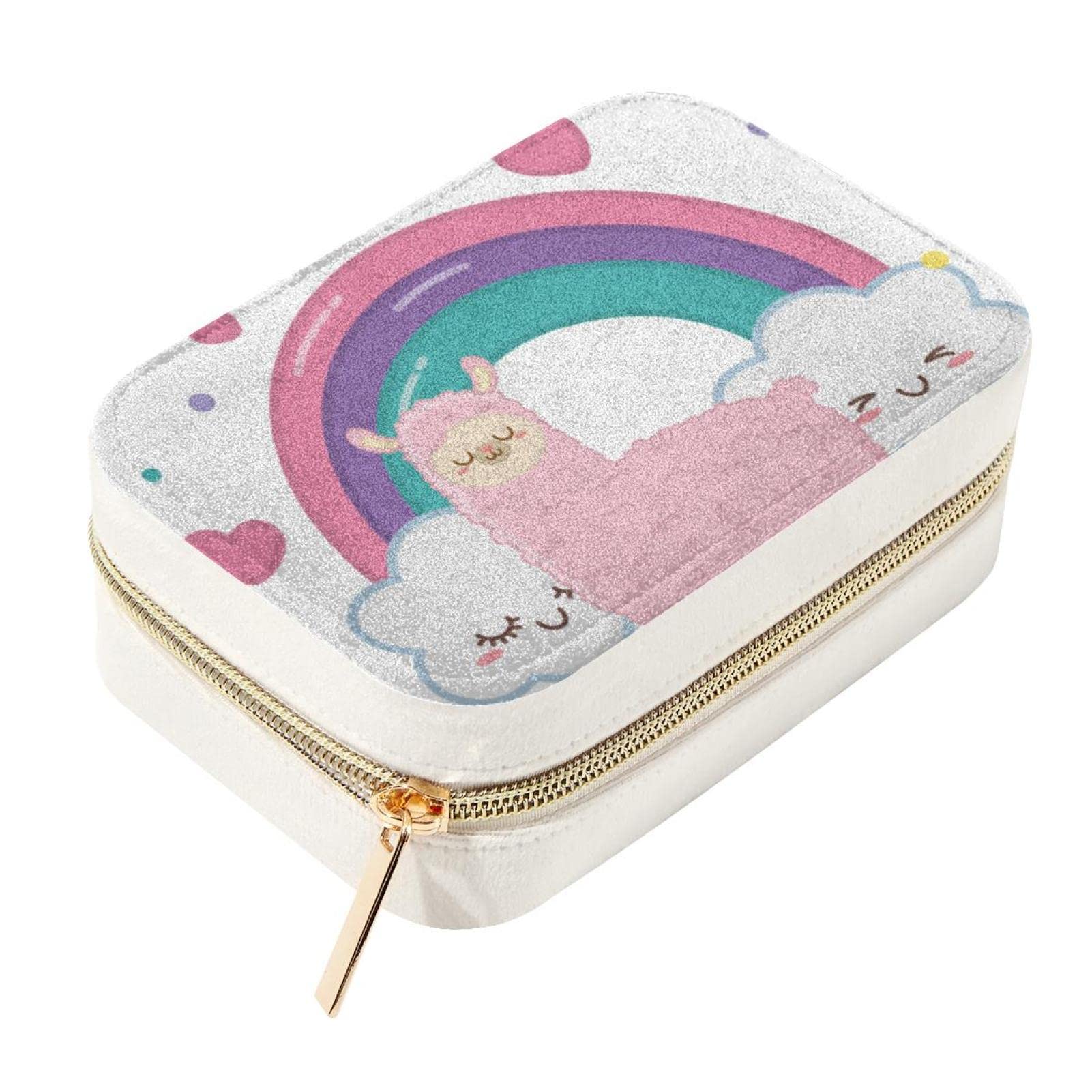 Boîte à bijoux en velours haut de gamme et fermeture éclair métallique motif lama brodé