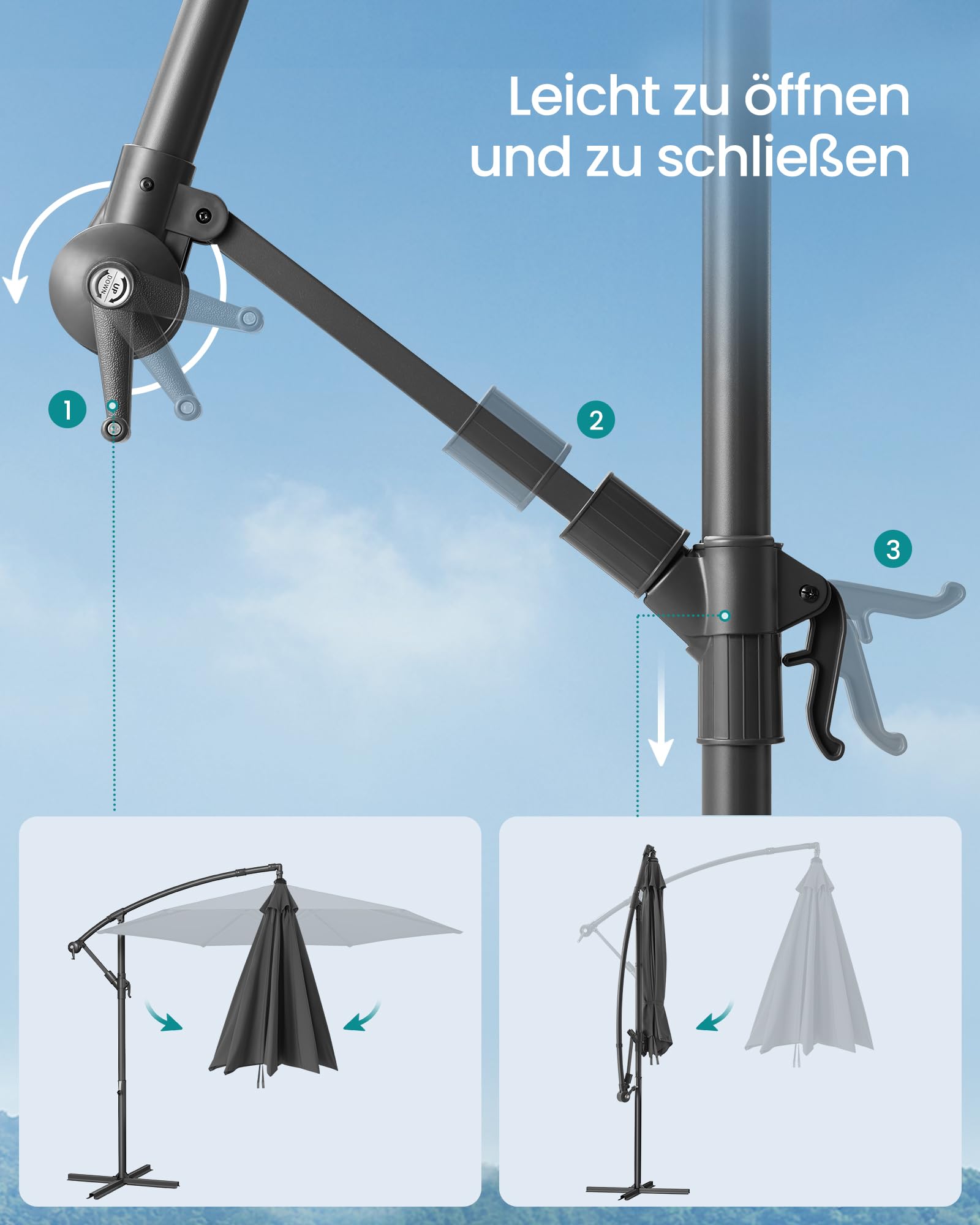 SONGMICS Sonnenschirm Ampelschirm 300 cm d mit Ständer UPF 50+ | Sonnenschutz Balkon, Balkonschirm, mit Kurbel zum Öffnen und Schließen, grau GPU116G01V1