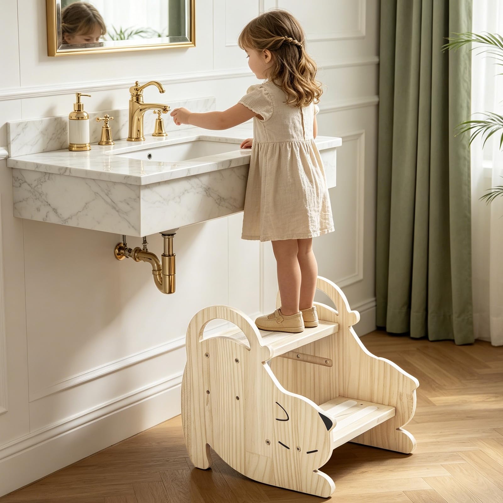 Tritthocker Holz Kinder 2-stufiger, Kinderhocker aus Massivholz für Kinder & Erwachsene – Höhenverstellbar, rutschfest mit Griff, bis 100 kg Belastbar, Fußbank Holz für Bad, Küche, Kinderzimmer