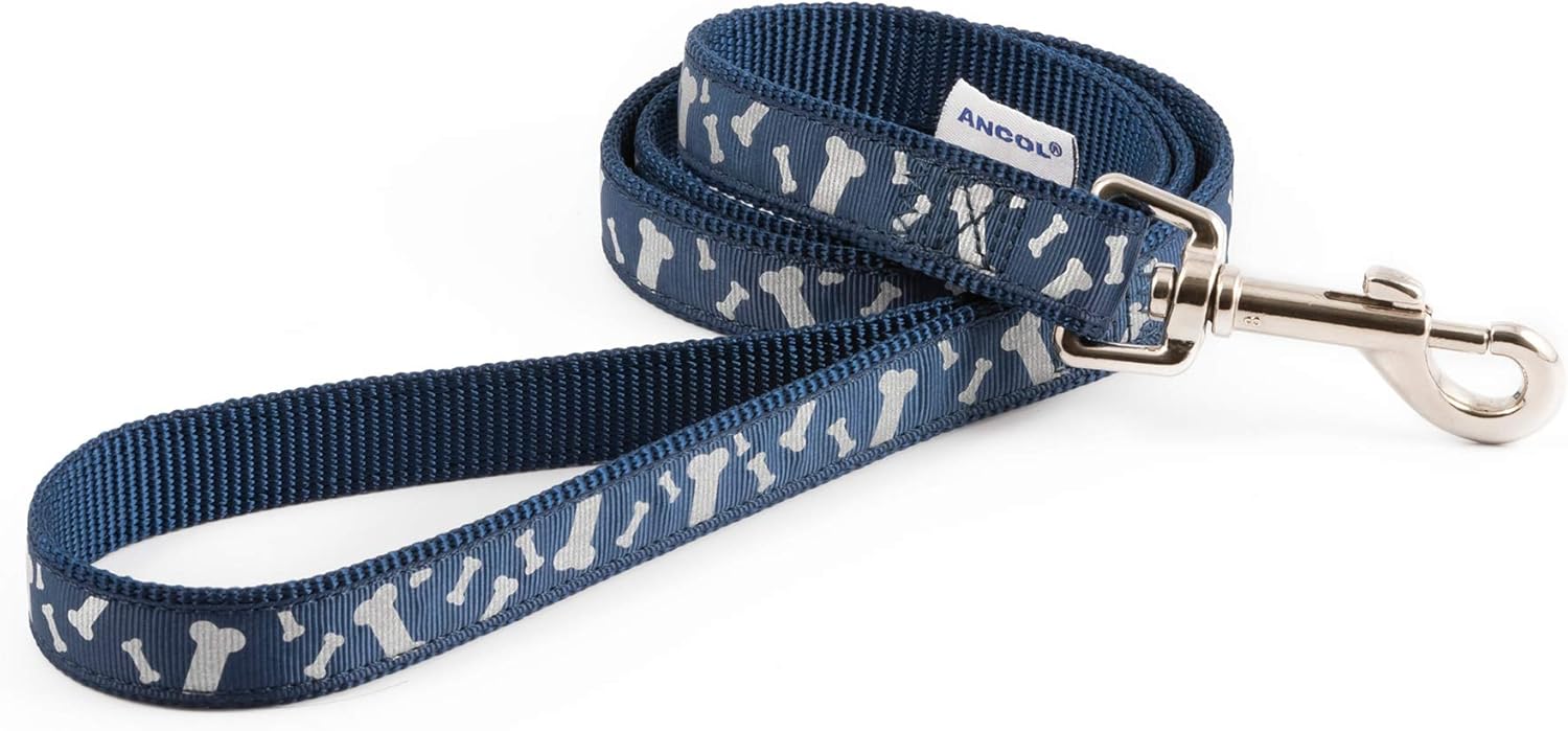 Ancol Nylon Reflective Dog Lead Paw N Bone Design Blue Durable Tough Webbing Pet Puppy Walking Accessory - 1 m x 19 mm - Size 1-9