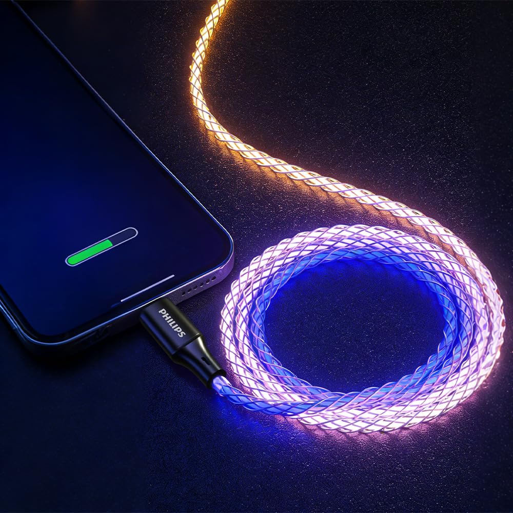Philips Cavo di ricarica DLC5130L/01 per iPhone RGB 1M, cavo Lightning di ricarica rapida 27W, sincronizzazione 480Mbps, cavo intrecciato senza groviglio per iPhone, iPad, compatibile MFi