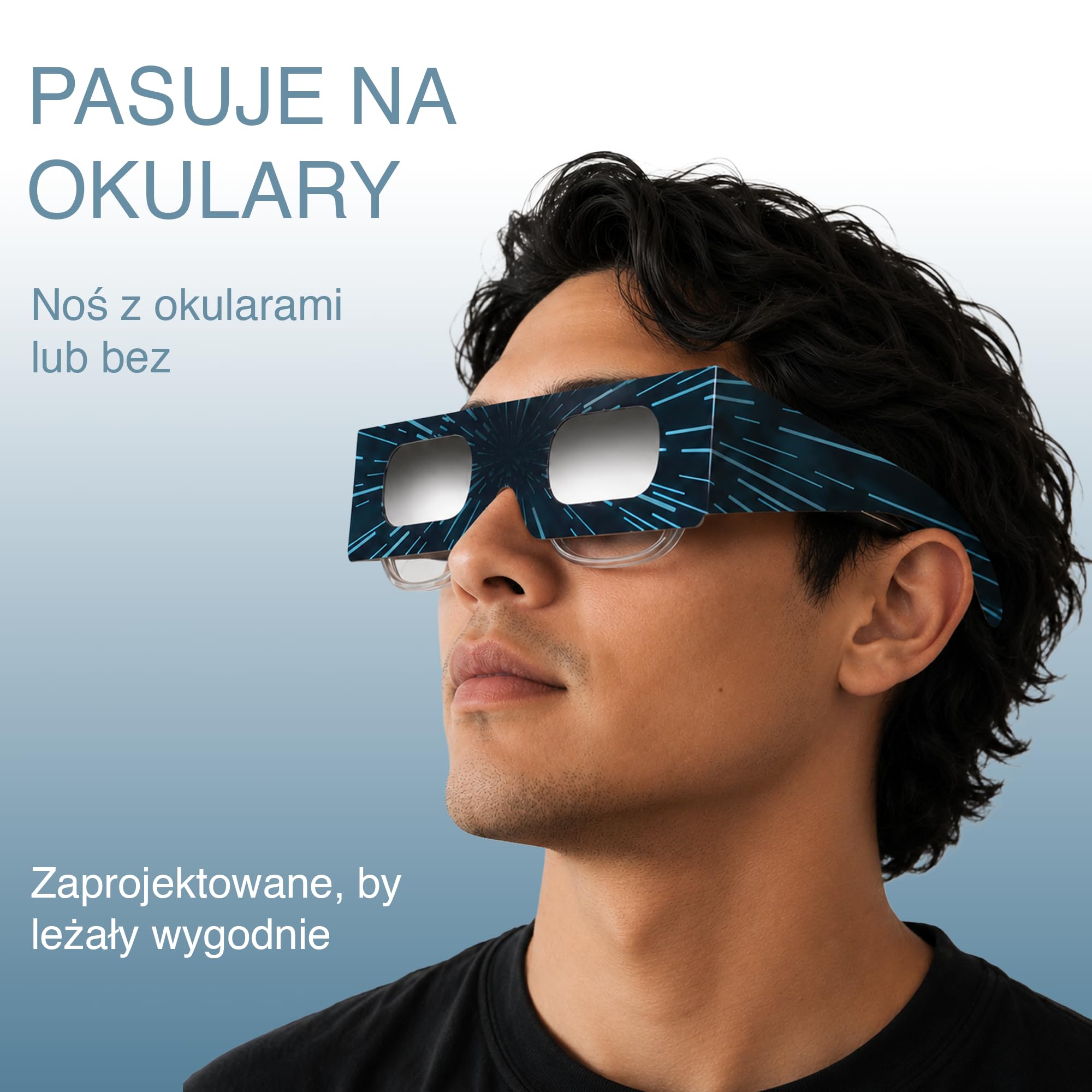 Zestaw 2/6/12/50 szt., Okulary do obserwacji zaćmienia Słońca, Oprawka 45 mm, Pasują na okulary korekcyjne, Test EN ISO 12312-2:2015, Oznaczenie CE do bezpiecznej obserwacji Słońca
