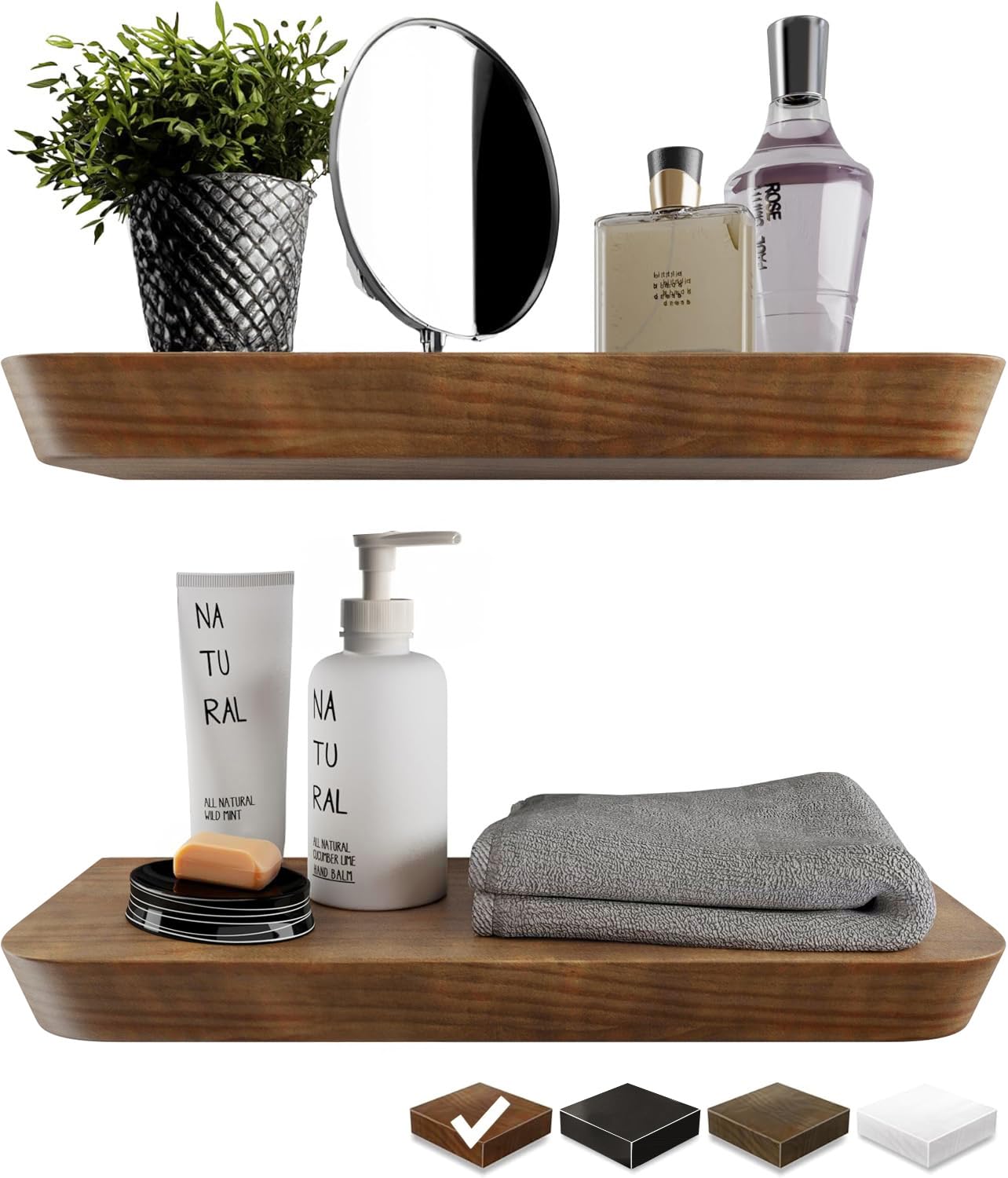 Premium Floating Wood Shelves for Wall Mounted 16 inches (Set of 2) - Natural Wood Floating Shelf for Bathroom, Kitchen- 8 inch deep Heavy Duty Hanging Shelves - Honey Oak- 16D x 8W-Matte