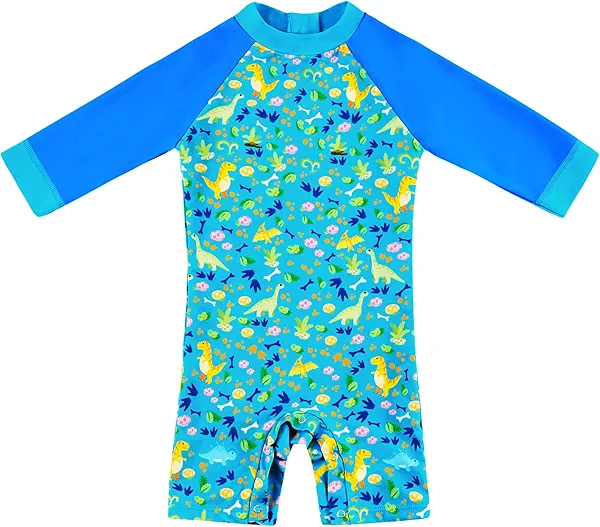 upandfast Baby Boy Swimsuit with Snap Bottom UPF 50+ Sun Protection Toddler One Piece Swimwear (Blue Dinosaur, 9 Months)