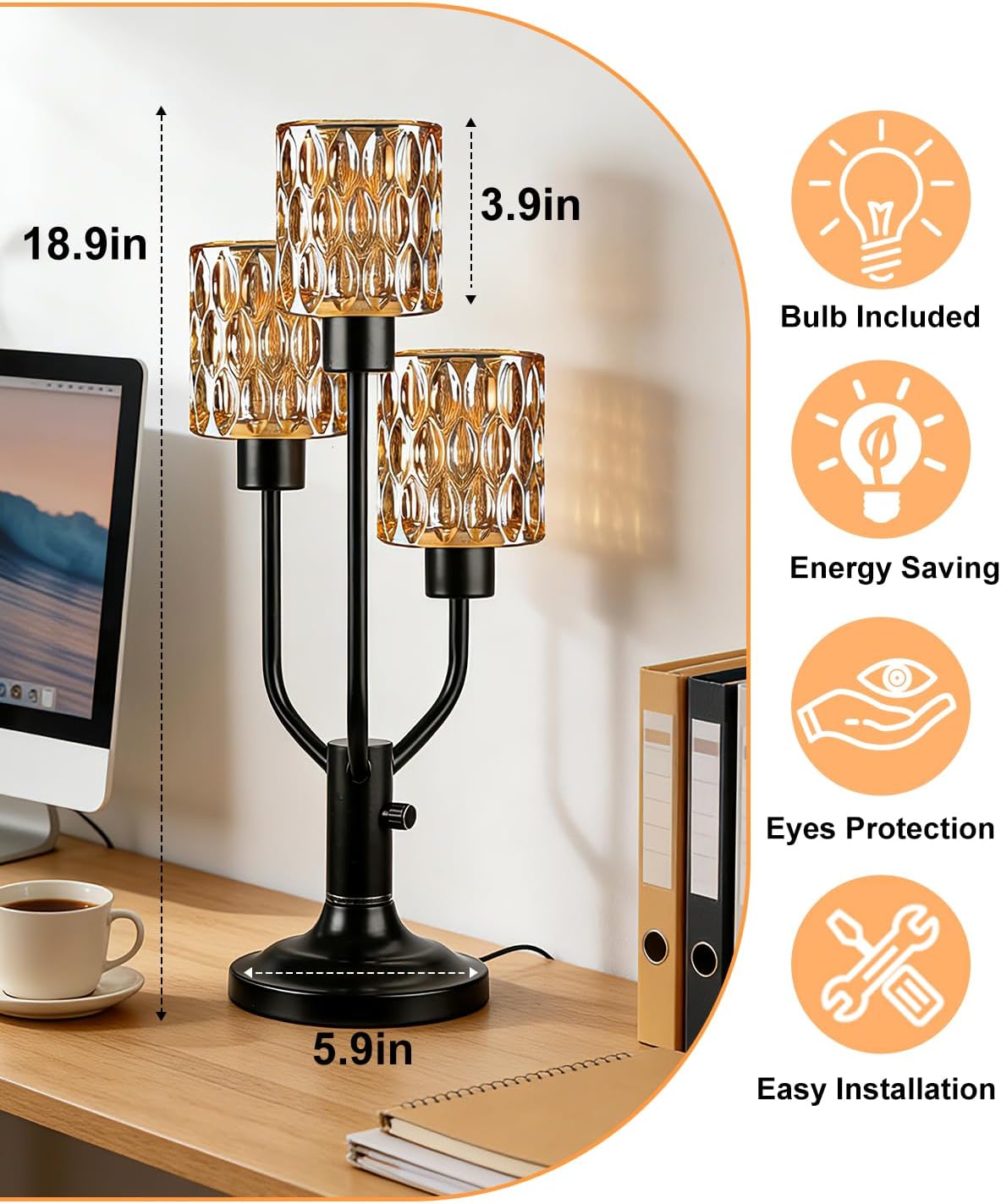 Modern Glass Table Lamp for Bedroom, 3-Light Black Dimmable Desk Lamp with Brown Glass Shade& Bulb Included 3000K Warmwhite Nightstand Lamp Bedside Lamps for Living Room
