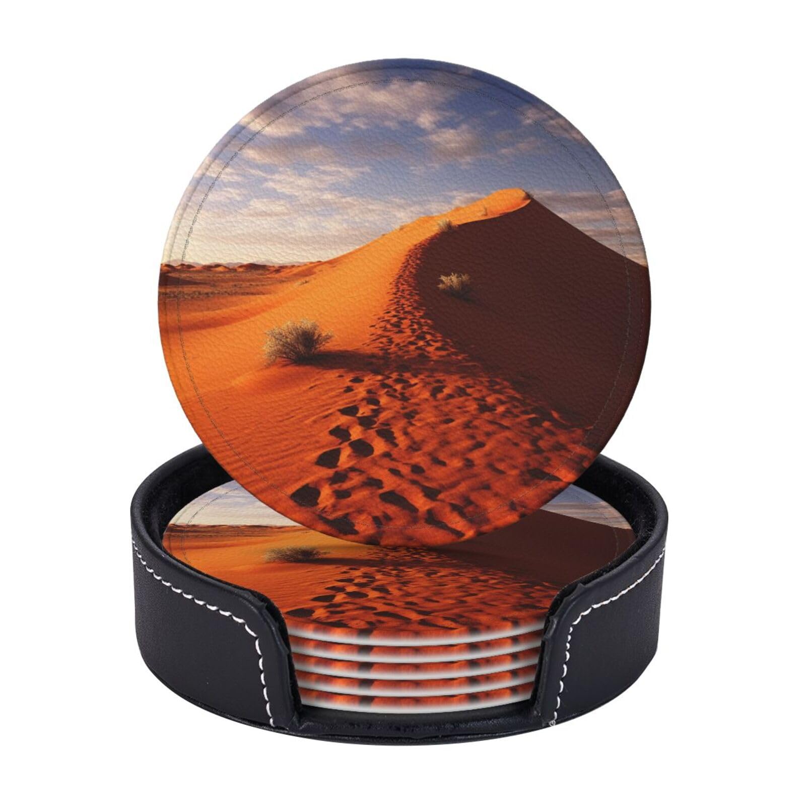 6PCS Drink Coasters with Holder, 4" Leather Coasters for Drinks, Desert Cup Coasters for Coffee Table Decor, Non-Slip Drinking Cup Mat for Hot or Cold Drink