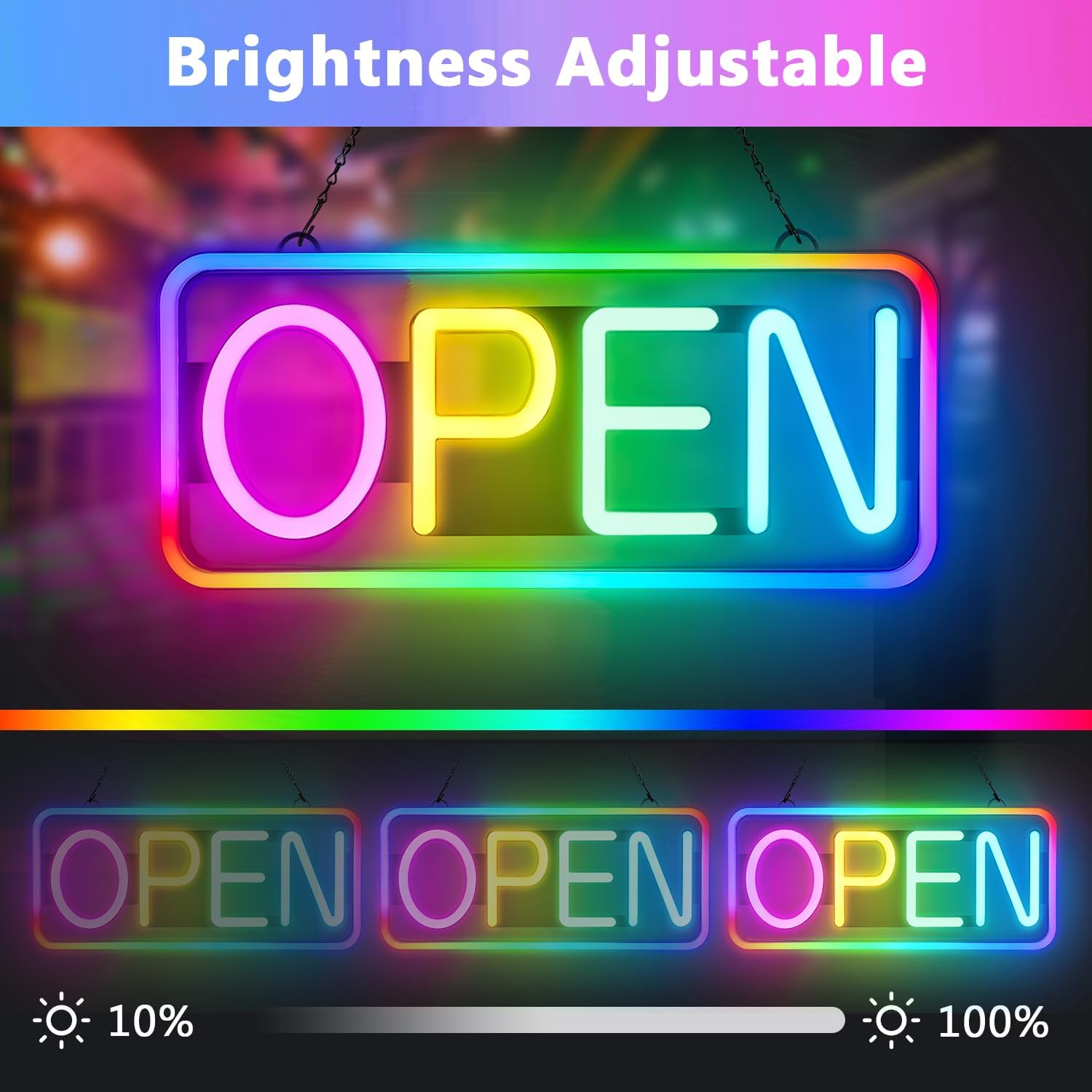 LED Open Sign showing three levels of brightness: 10%, 50%, and 100%.