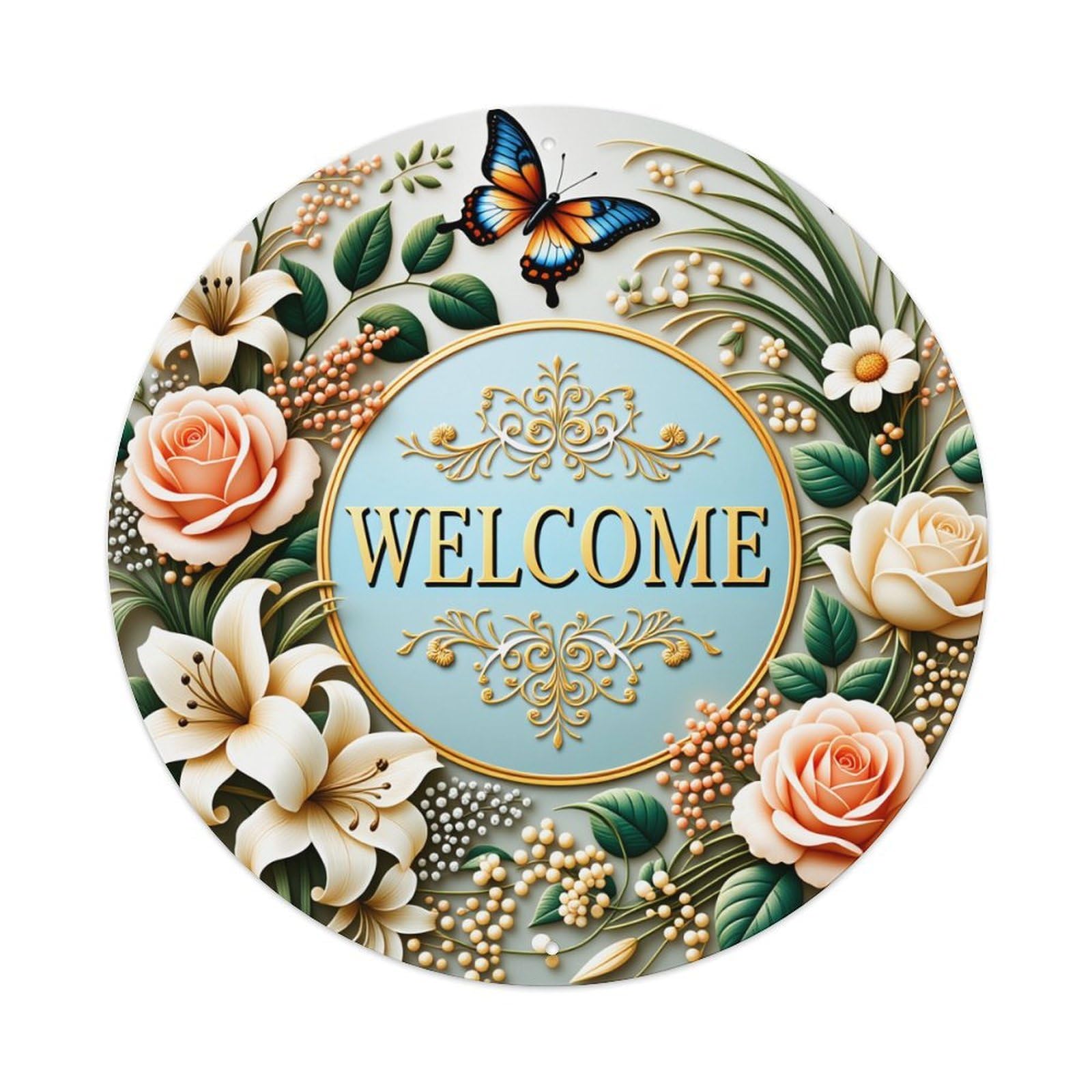 Floral Welcome Sign With Butterflies And Roses Round Vintage Tin Sign,Retro Wall Art,Metal Poster for Home, Bar, Garage, Cafe, Rustic Indoor & Outdoor Decor, 8x8 Inches