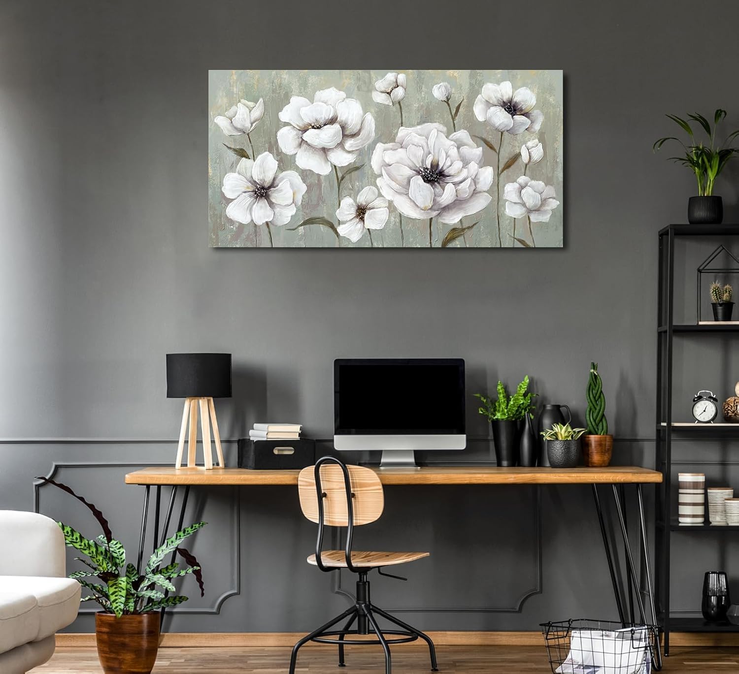 LUEAXRG Flowers Wall Art - White Floral Canvas Pictures, White Blossom Canvas Painting Living Room Wall Decor Retro Grey Board Artwork Prints for Bathroom Bedroom Home Decor Framed 29