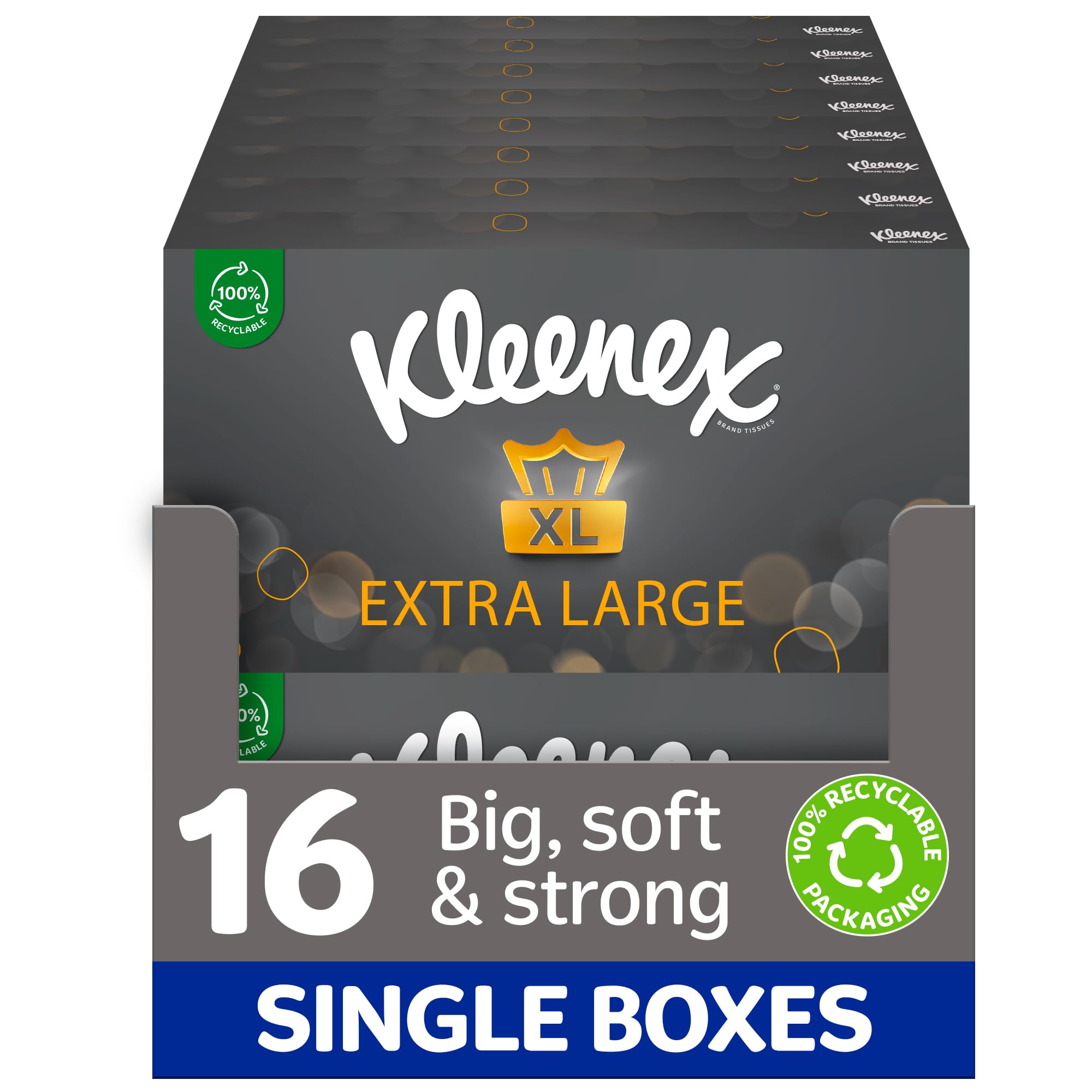 Extra Large Facial Tissues, 100% Recyclable Packaging, 16 Standard Tissue Boxes (1440 Tissues)