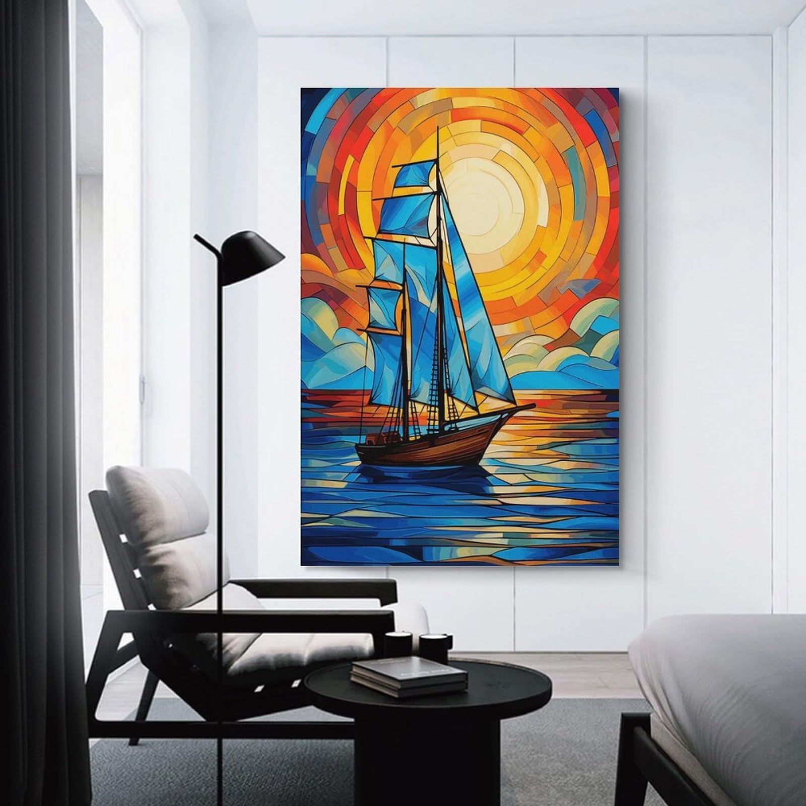 Junmoney Sailboat Stained Glass Wall Picture Print 20x30inch(50x75cm), for Lounge Decor, Offices Or Entryway Styling, Versatile Wall Decor for Many Rooms