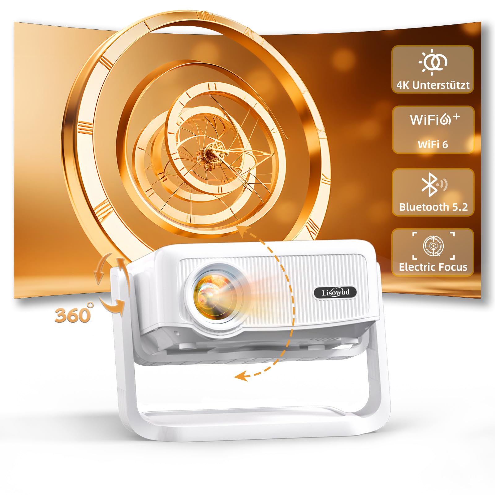 【E-Focus&Auto Keystone】Mini Proiettore 1080P Full HD 4K Support, Lisowod Portatile Videoproiettore Wifi Bluetooth con Base Ruotabile di 360°, Home Cinema Proiettore Compatibile con phone/PC/HDMI/USB